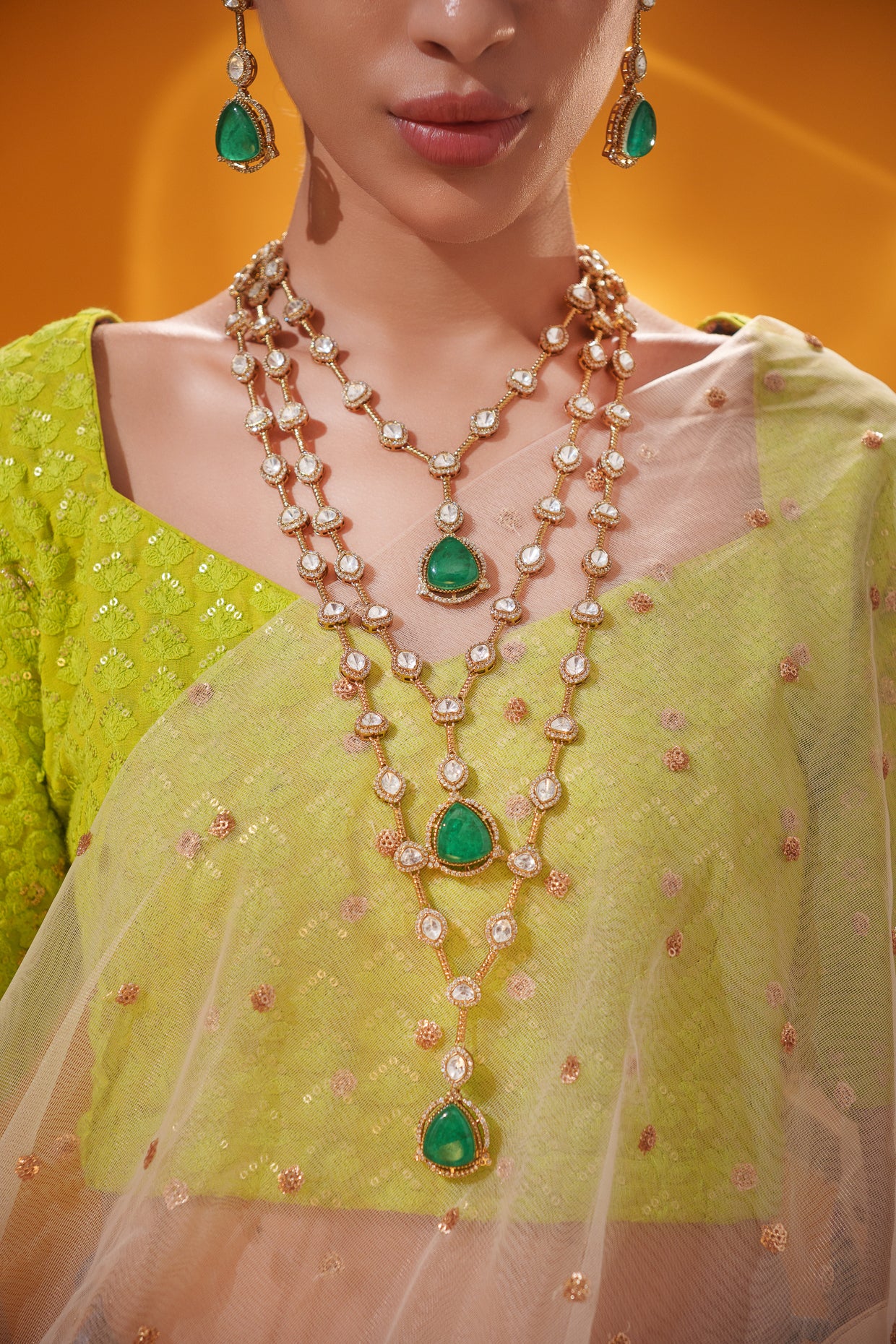 Bold and dramatic two tone kundan long necklace set with matching earrings