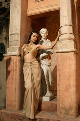 ZEVA SKIRT SET- Knotted draped skirt and v-hem gold top