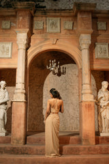 ZEVA SKIRT SET- Knotted draped skirt and v-hem gold top
