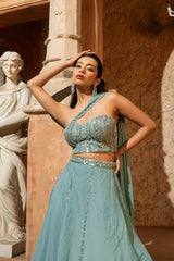 ZEPHYR LEHENGA- Corset blouse and drapes panelled lehenga