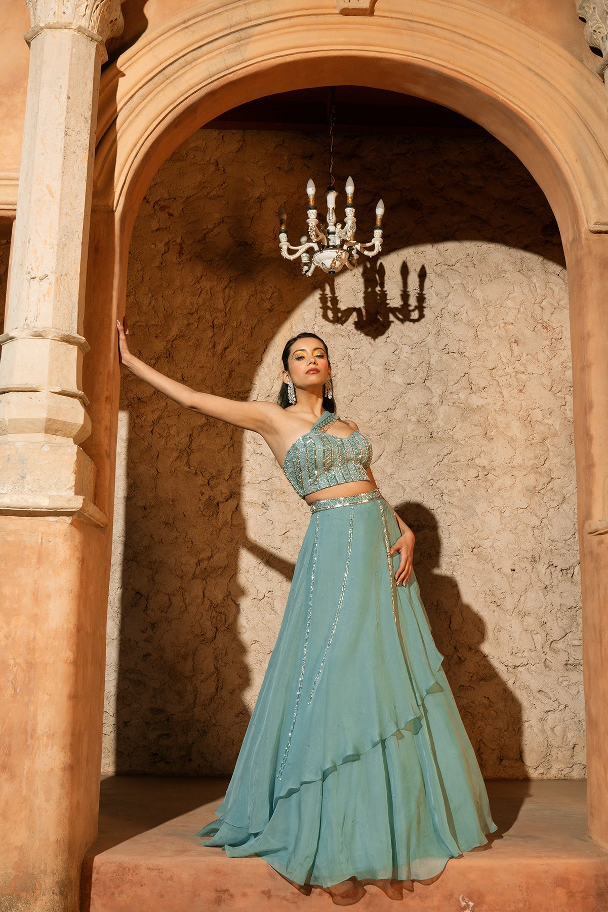 ZEPHYR LEHENGA- Corset blouse and drapes panelled lehenga