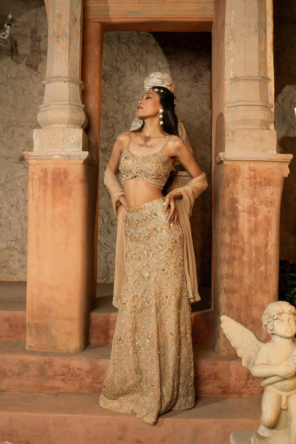 MIDAS SKIRT SET- Embroidered v-hem bustier and skirt with stole