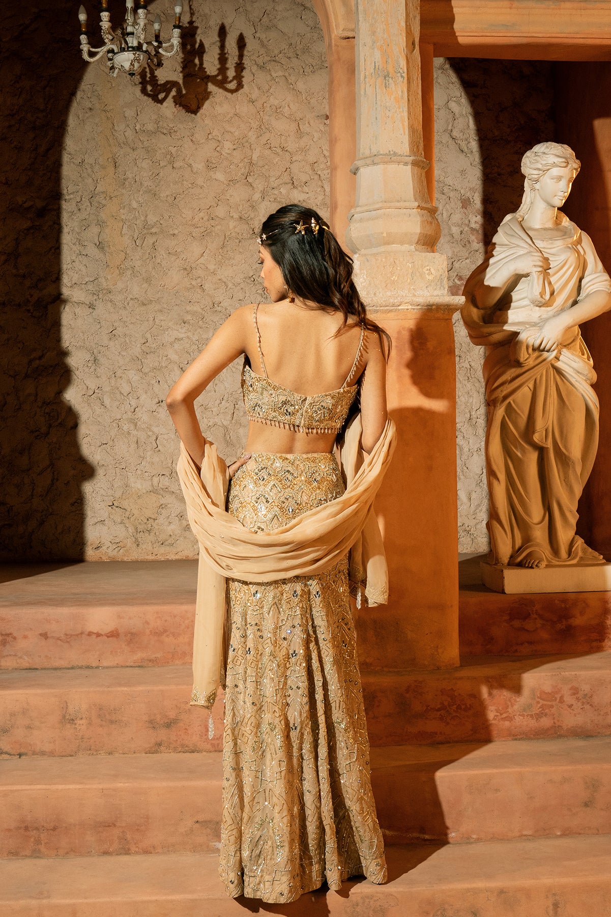 MIDAS SKIRT SET- Embroidered v-hem bustier and skirt with stole