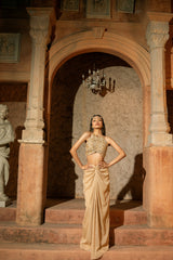 KLEIO SKIRT SET- Knotted draped skirt and embroidered v-hem blouse