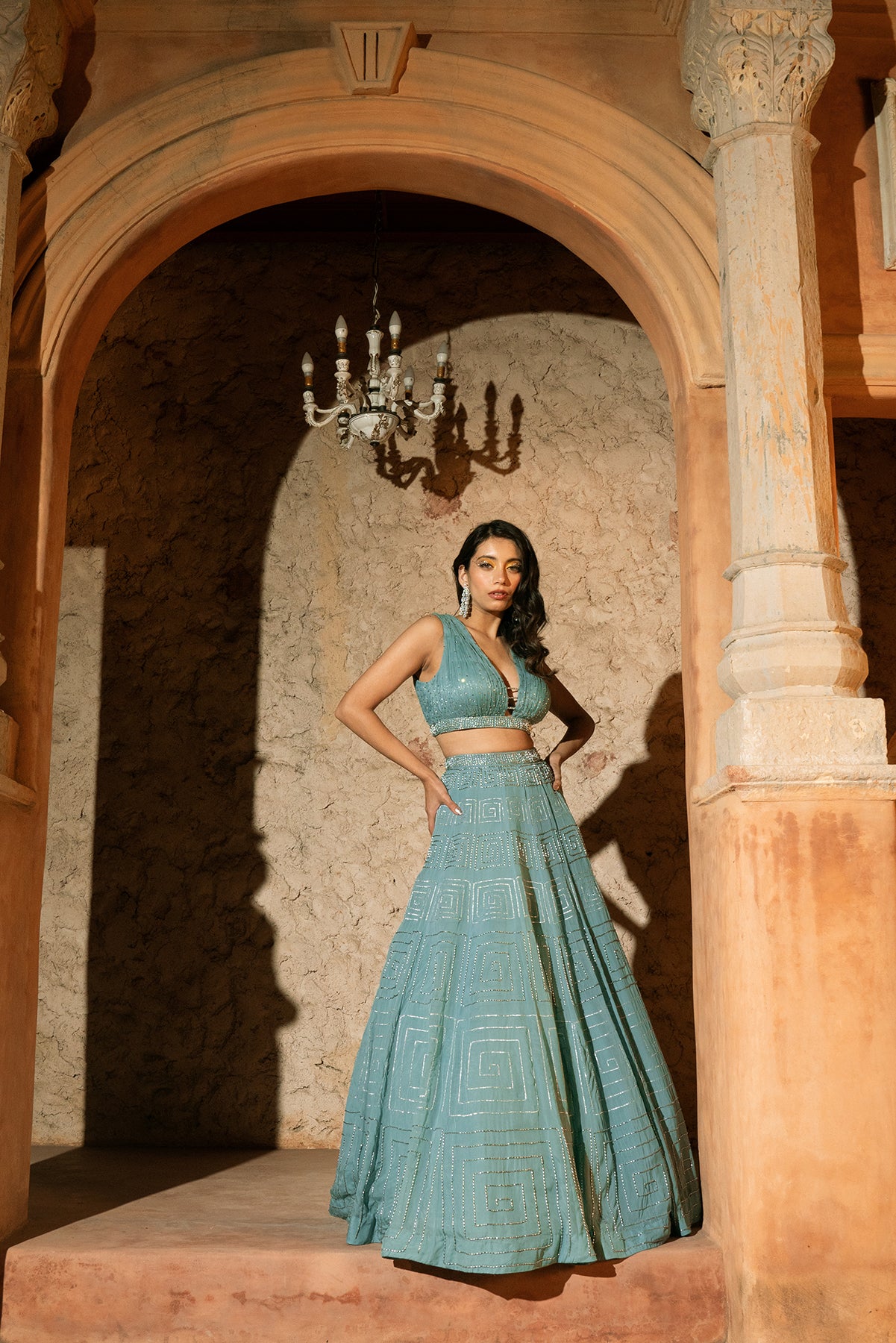 MEANDER LEHENGA-Rucched blouse and lehenga with dupatta
