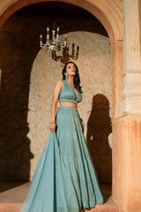 MEANDER LEHENGA-Rucched blouse and lehenga with dupatta