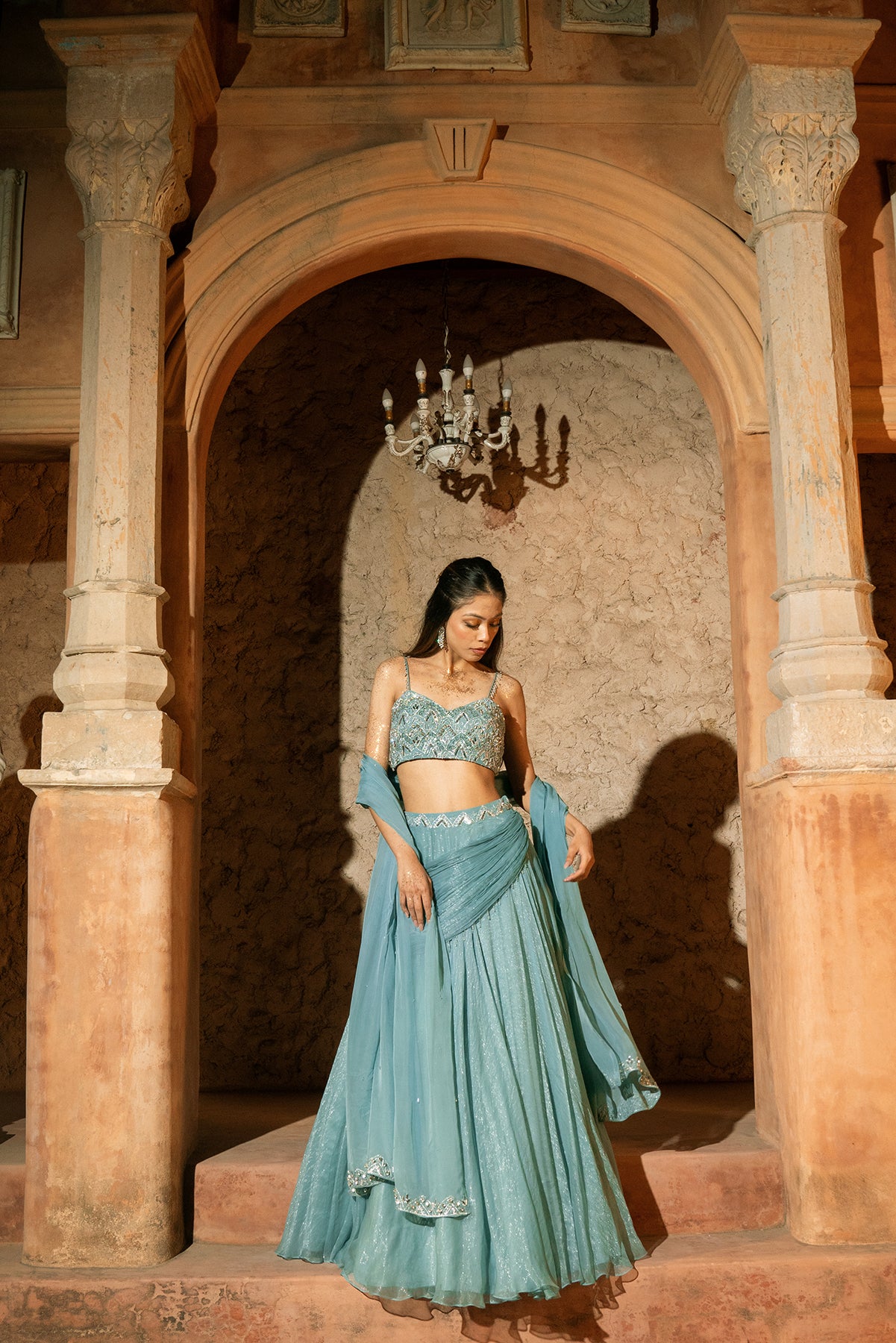 ARAXIE LEHEENGA- Cowl lehenga and embroidered top and dupatta
