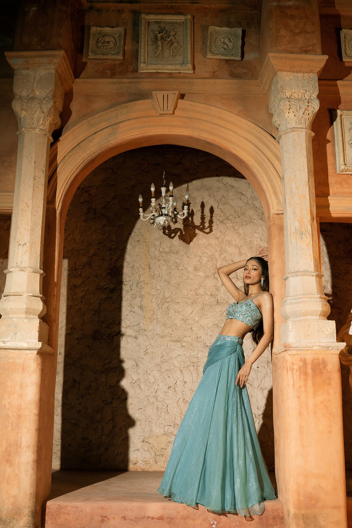 ARAXIE LEHEENGA- Cowl lehenga and embroidered top and dupatta