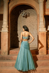 ARAXIE LEHEENGA- Cowl lehenga and embroidered top and dupatta