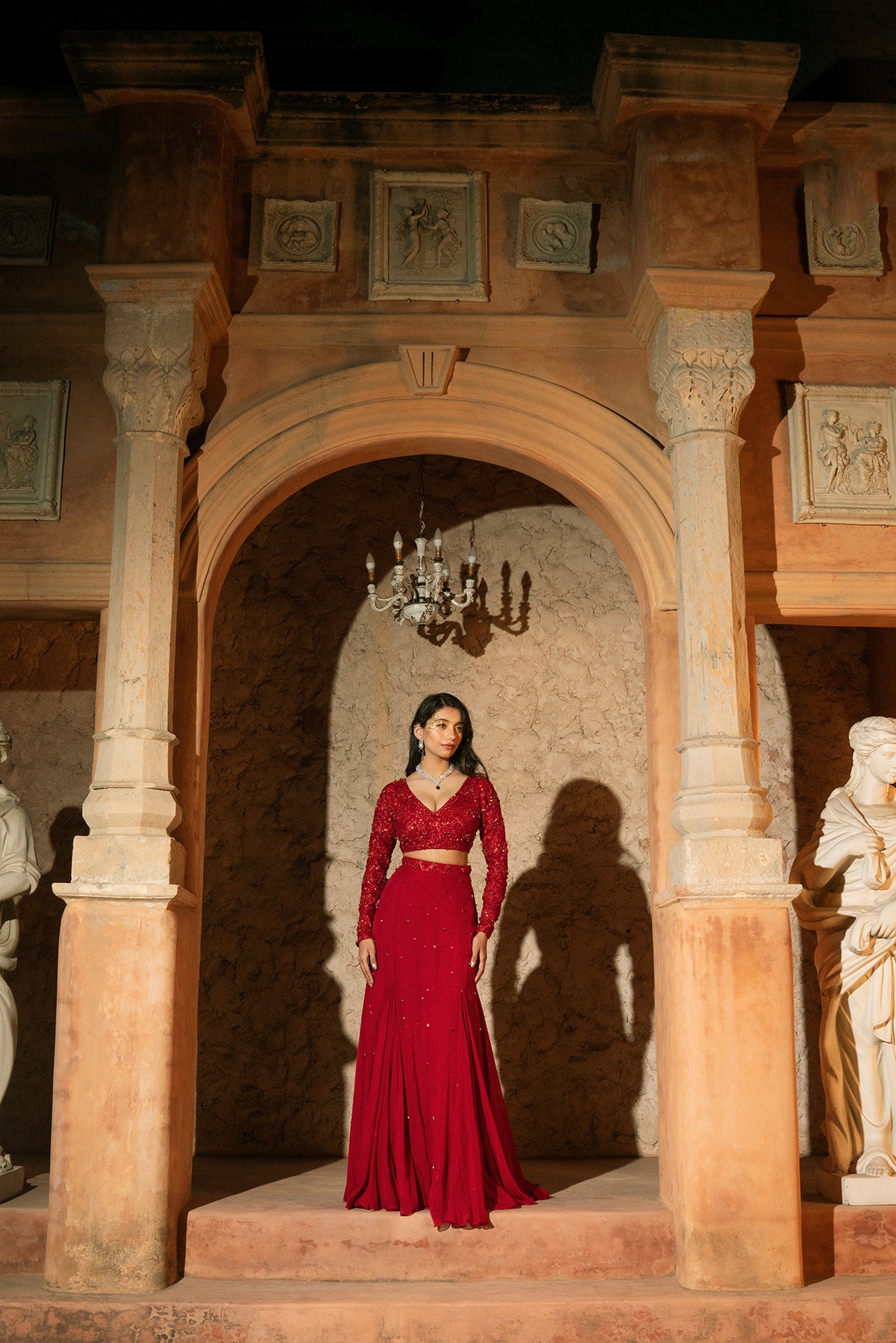 CALISTA SKIRT SET- V-neck blouse and godet panelled skirt set