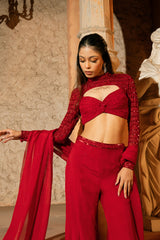 ELENI PANT SET- Ruchhed embroidered blouse with flared pant and stole