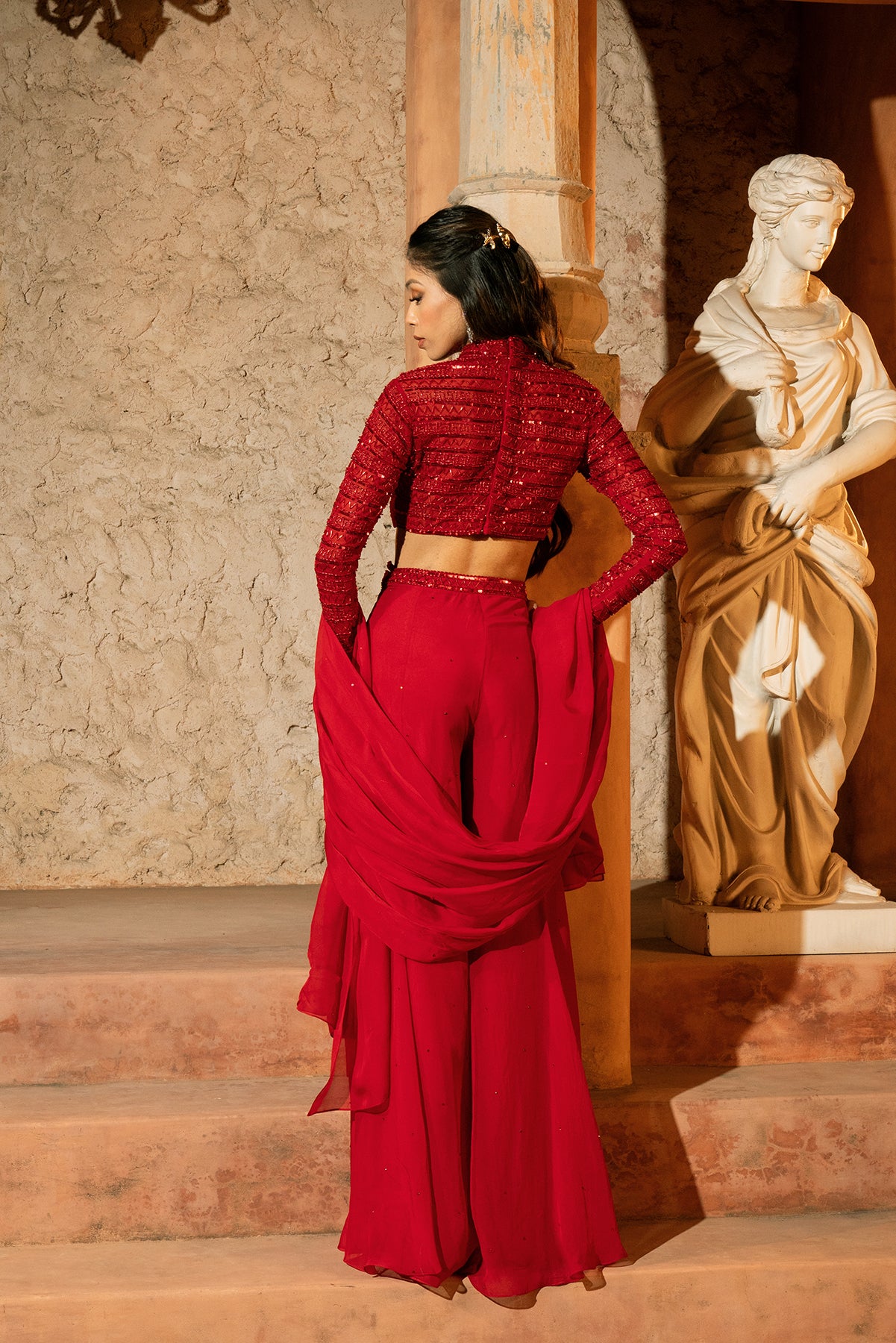 ELENI PANT SET- Ruchhed embroidered blouse with flared pant and stole