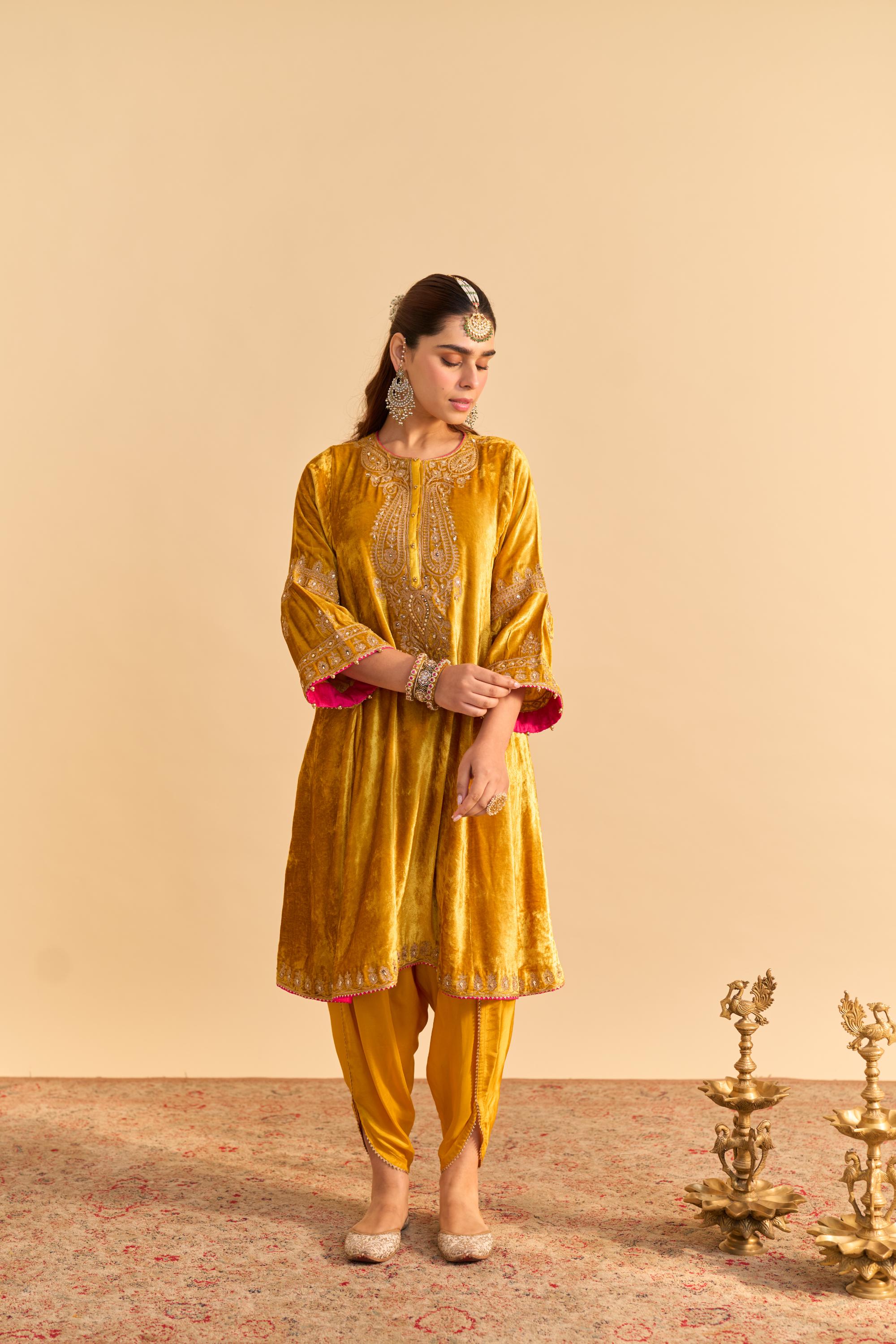 Amal - Mustard A-line Kurta with Dhoti and Dupatta