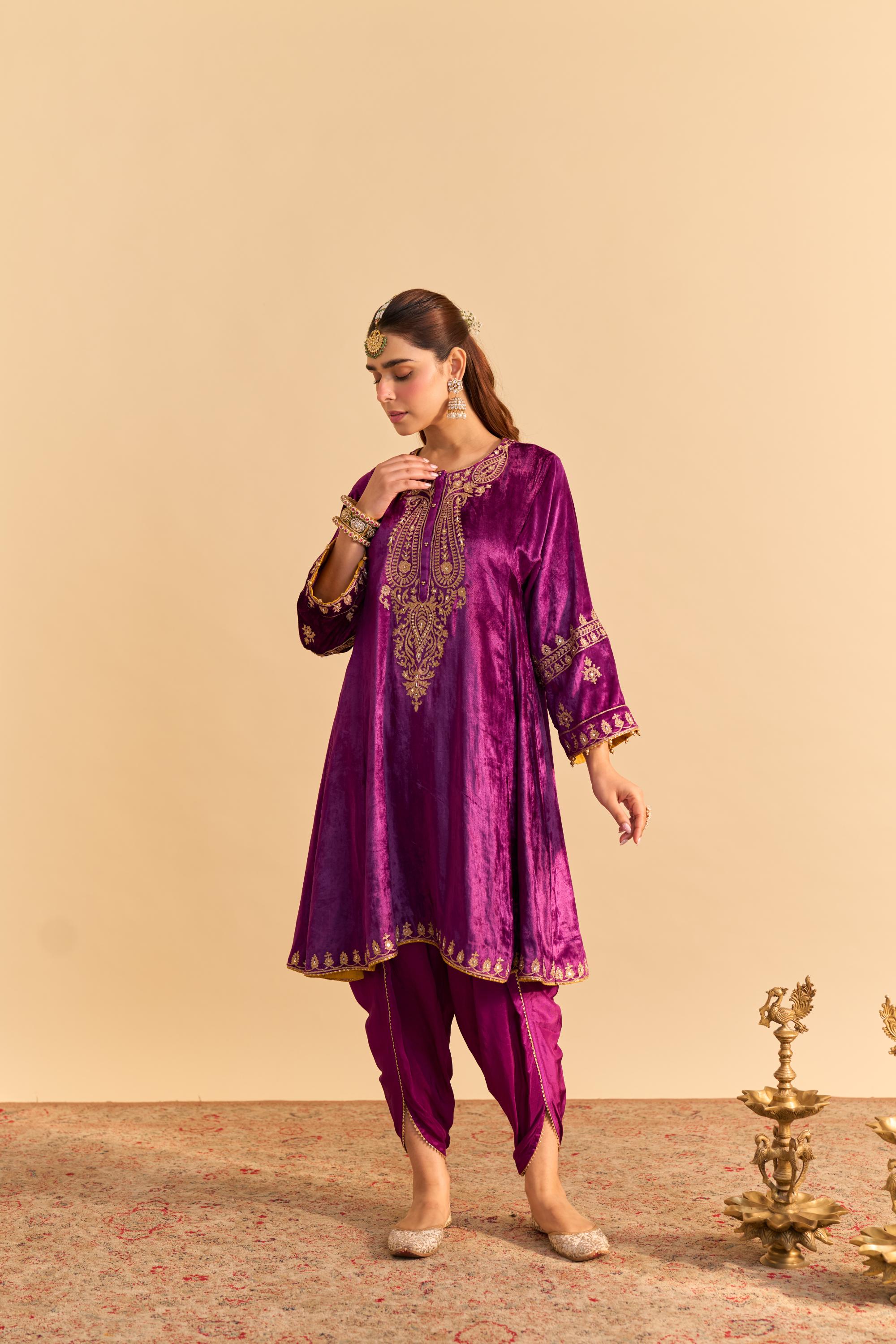Amal - Deep Purple A-line Kurta with Dhoti with Dupatta