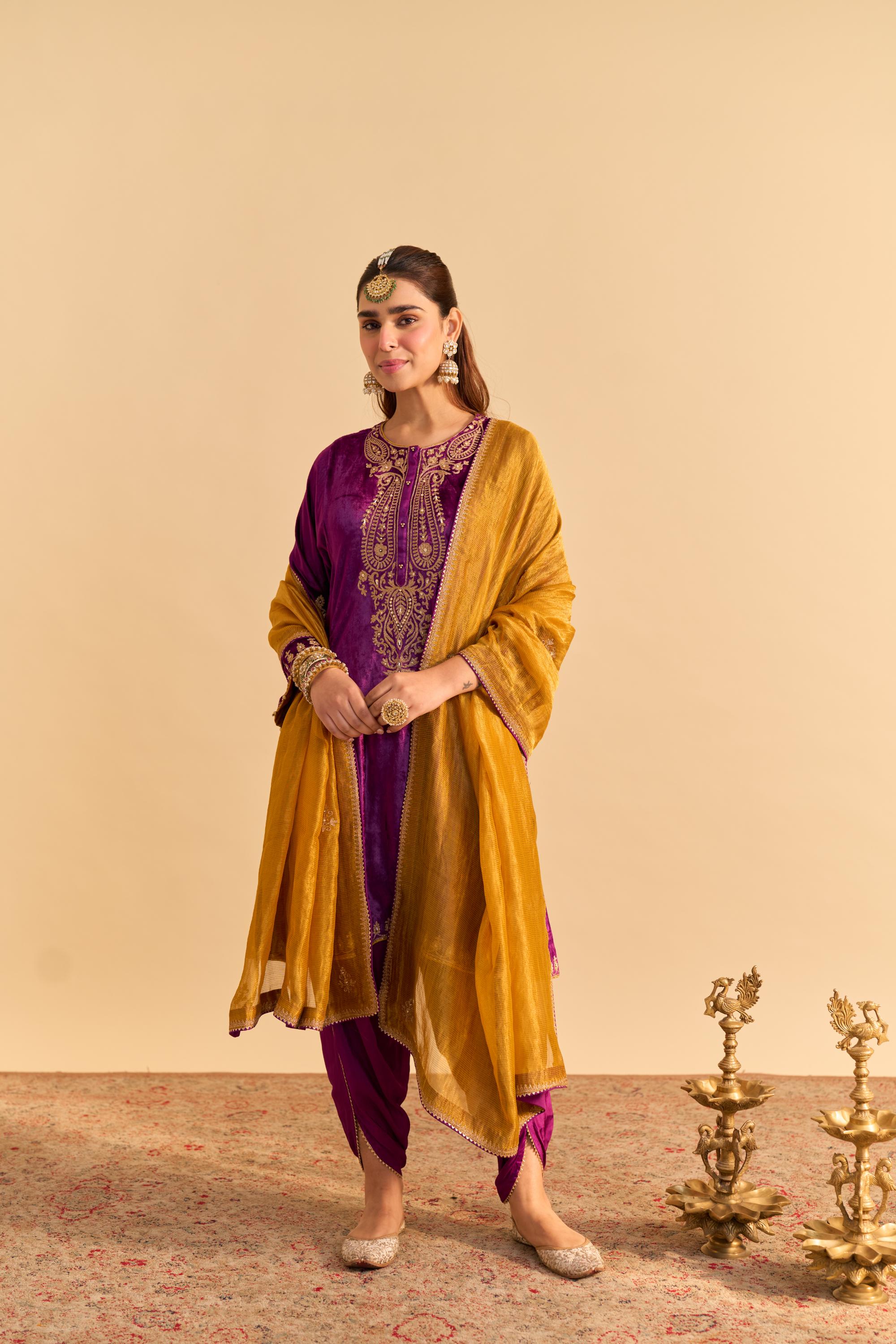 Amal - Deep Purple A-line Kurta with Dhoti with Dupatta