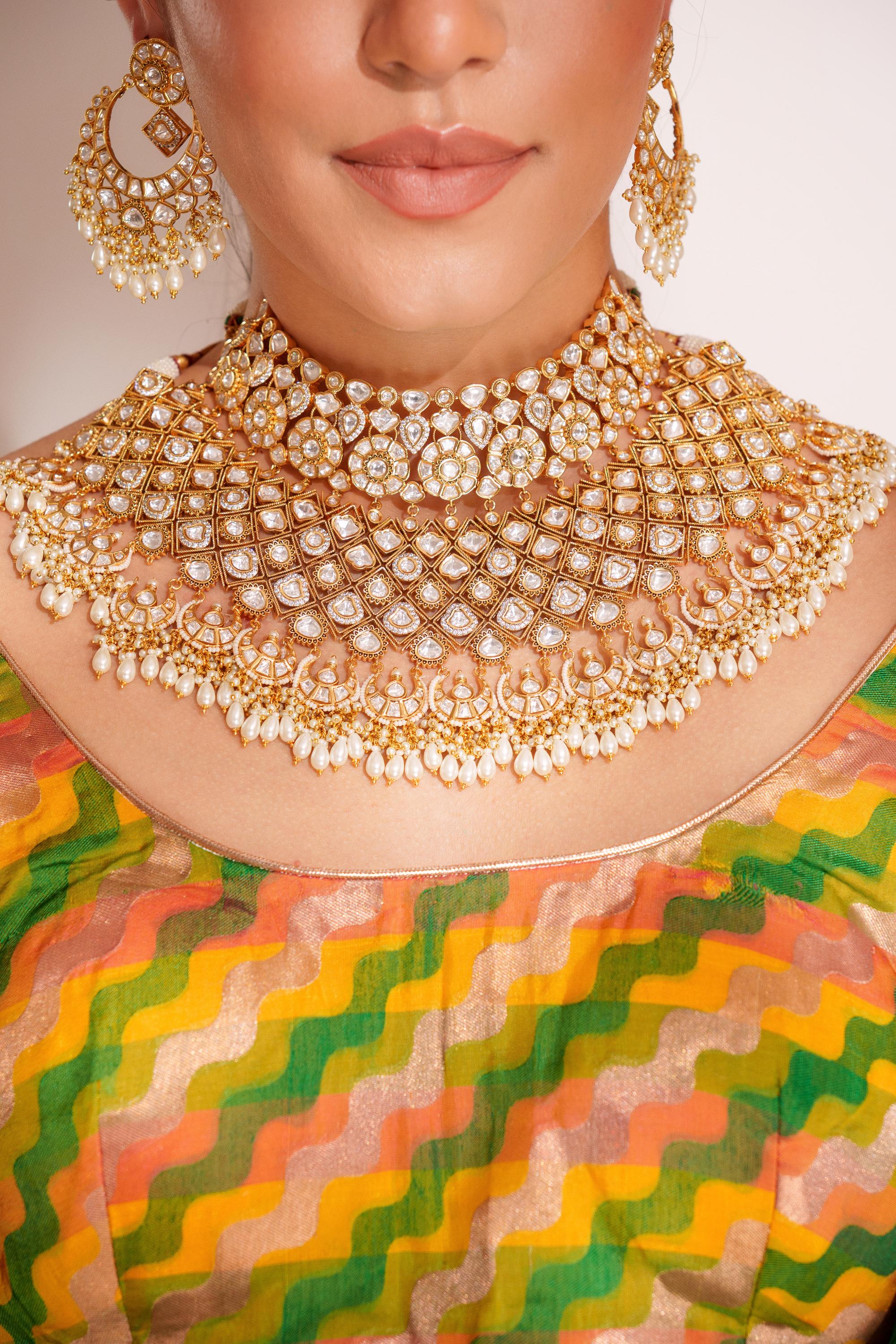 Bold and dramatic kundan necklace with earrings and maangtikka