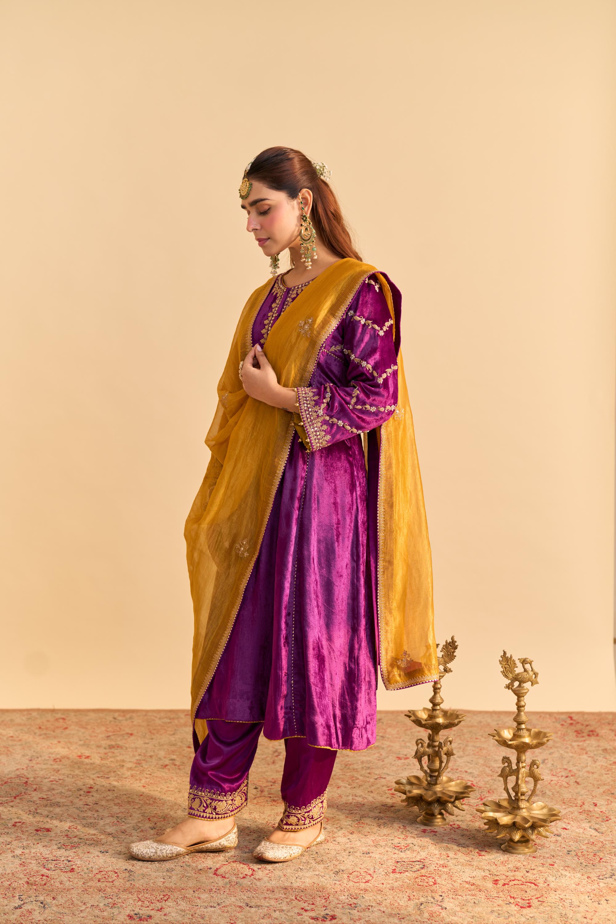Azmiya - Deep Purple Chauga with Salwar and Dupatta