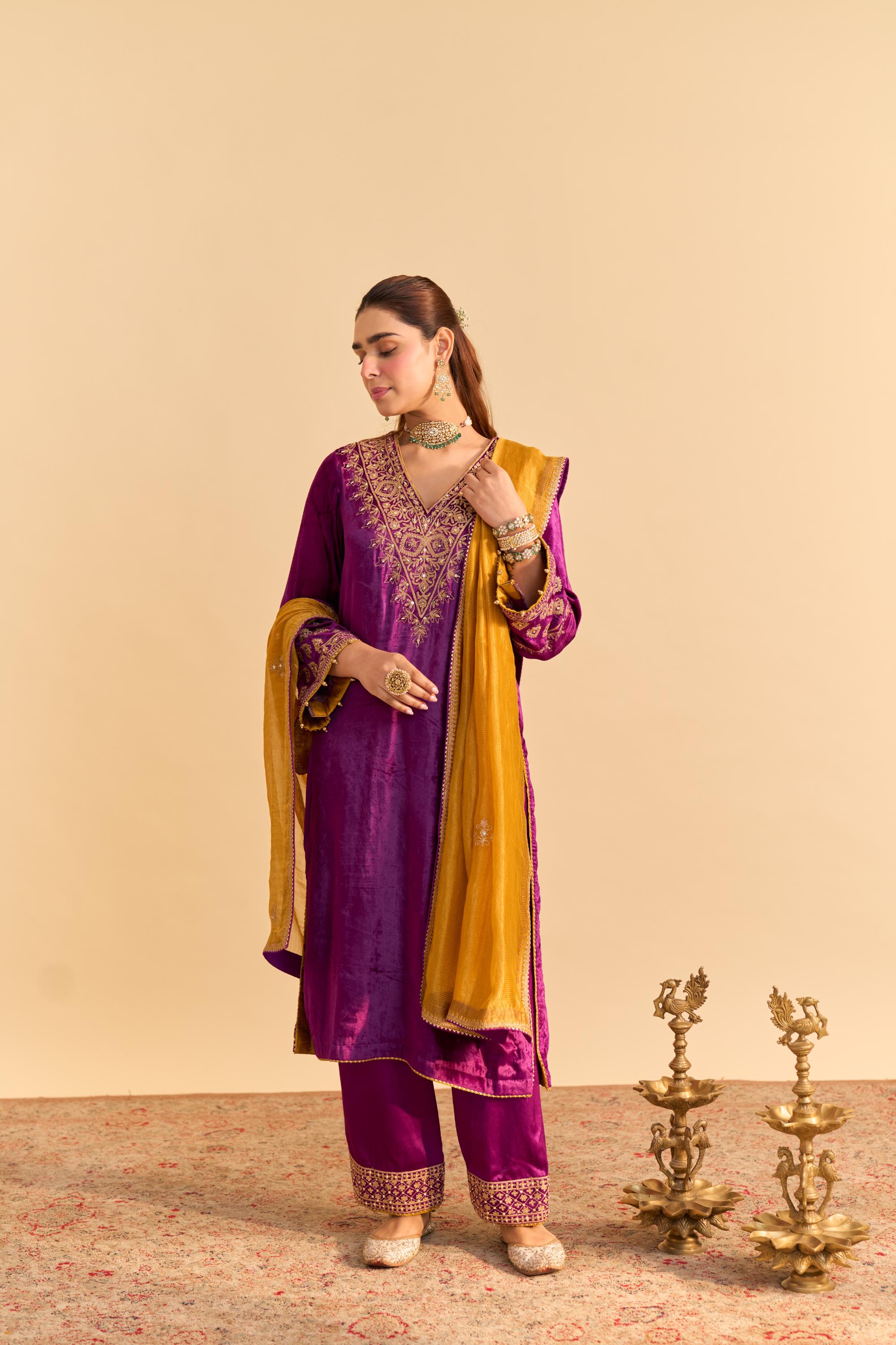 Aynaz - Deep Purple Kurta with Salwar and Dupatta