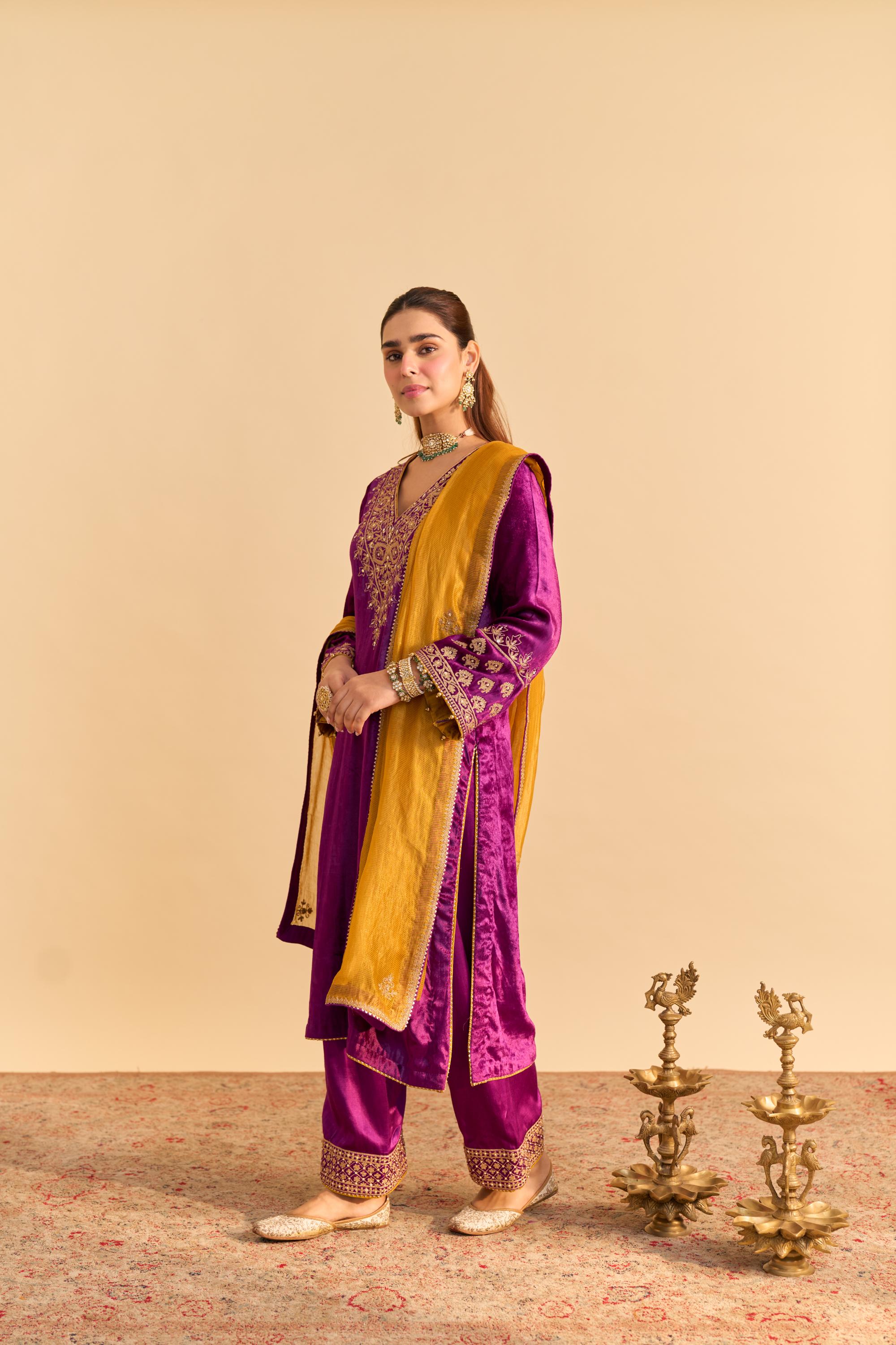 Aynaz - Deep Purple Kurta with Salwar and Dupatta