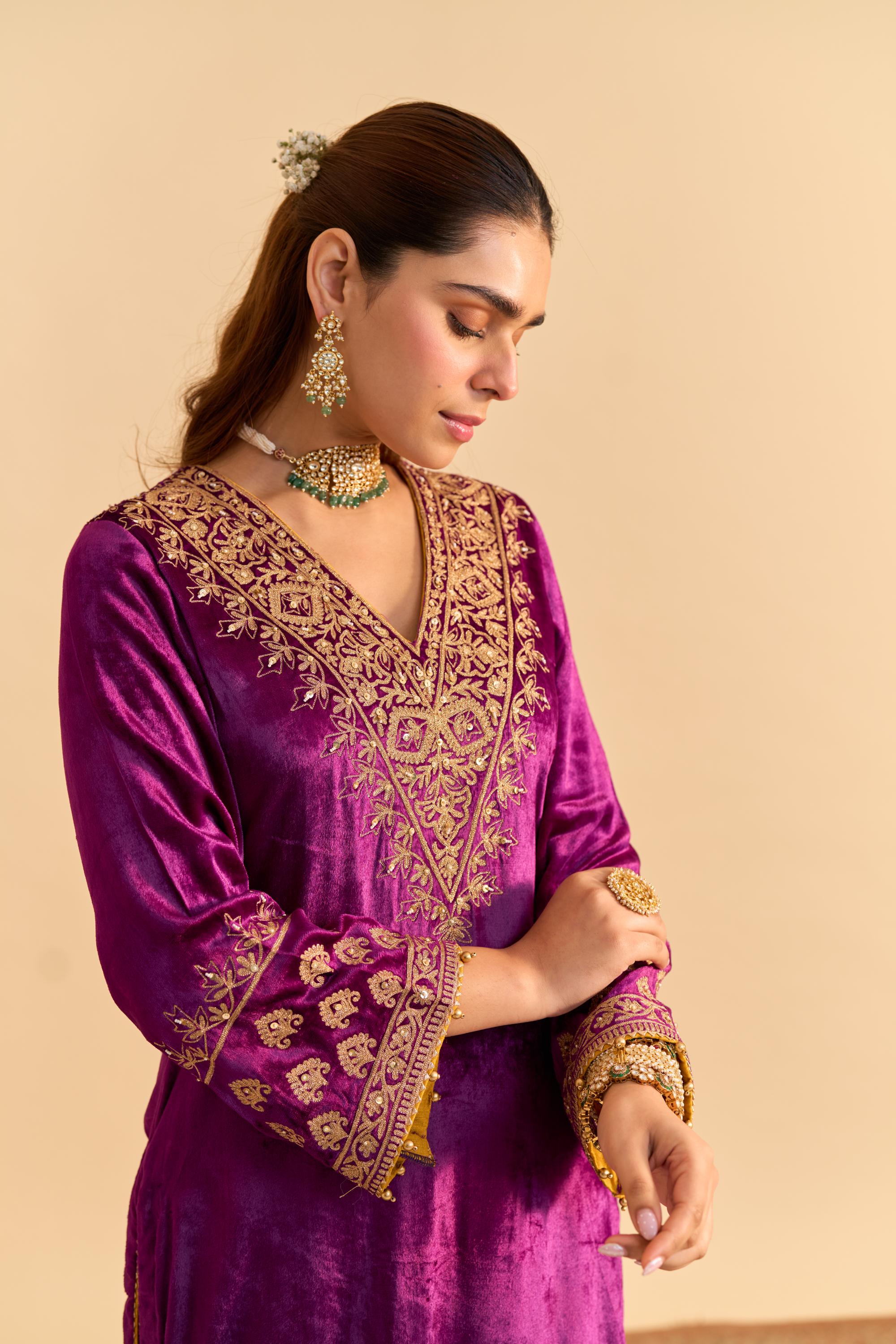 Aynaz - Deep Purple Kurta with Salwar and Dupatta