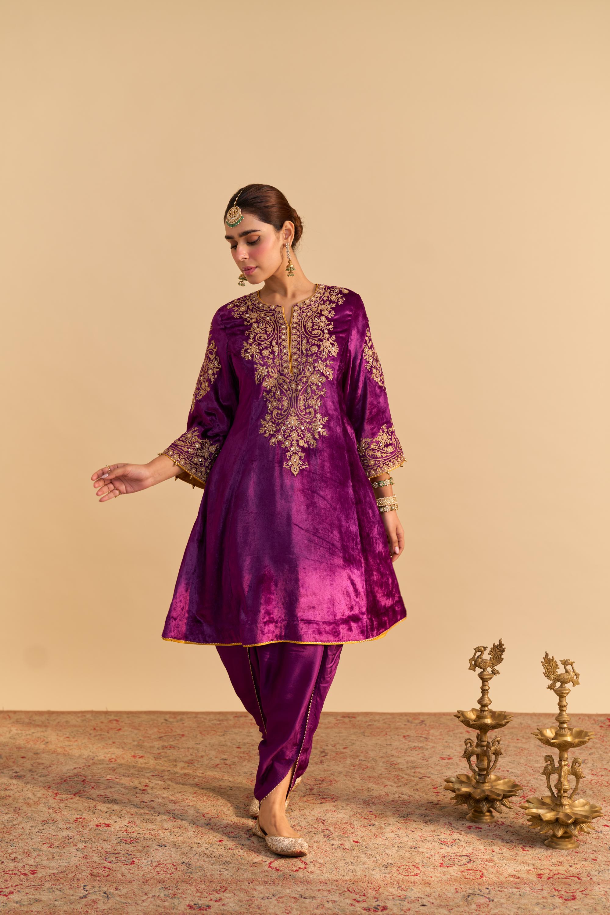 Eira - Deep Purple A-line Kurta with Dhoti with Dupatta