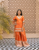 Orange Mirror Embroidered Kurti Sharara Set