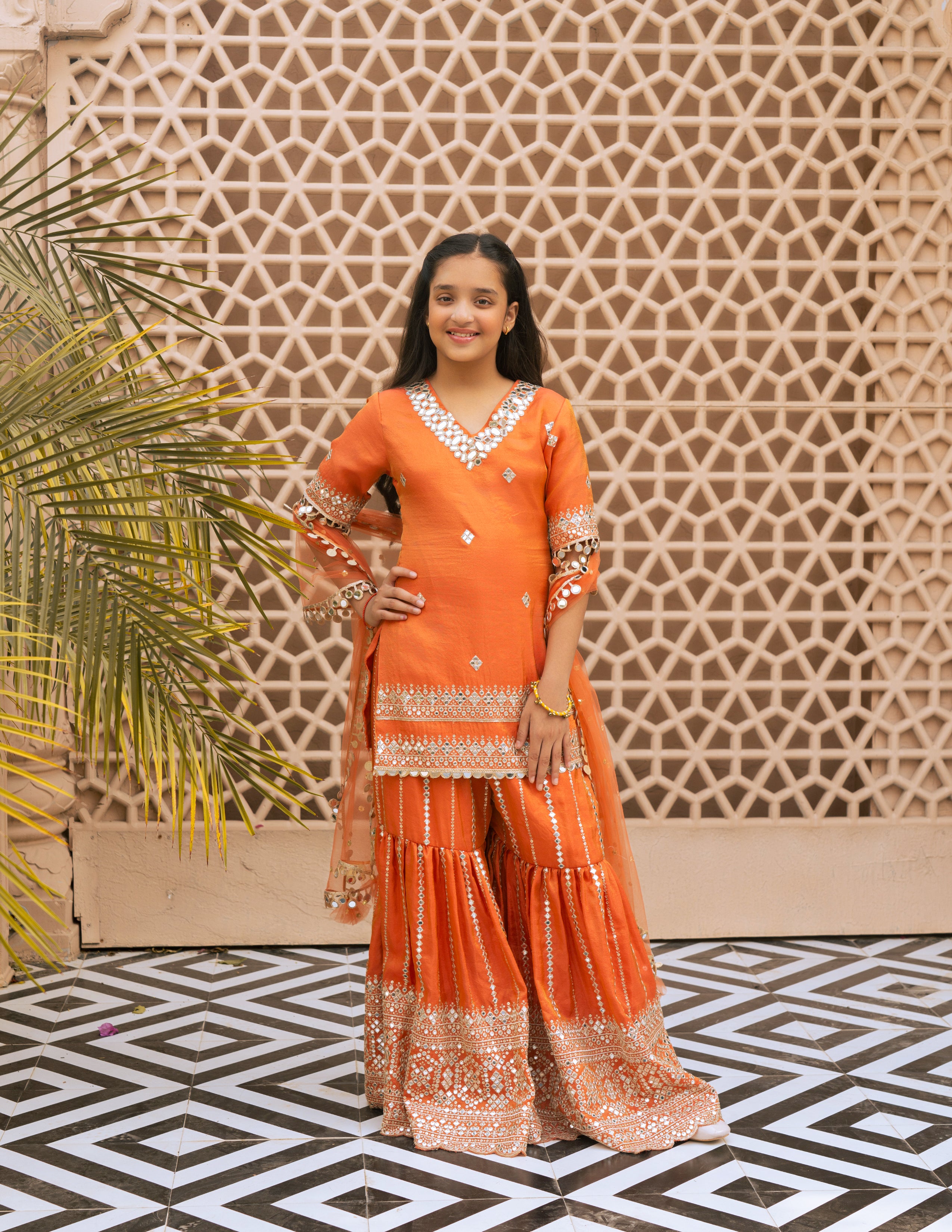 Orange Mirror Embroidered Kurti Sharara Set