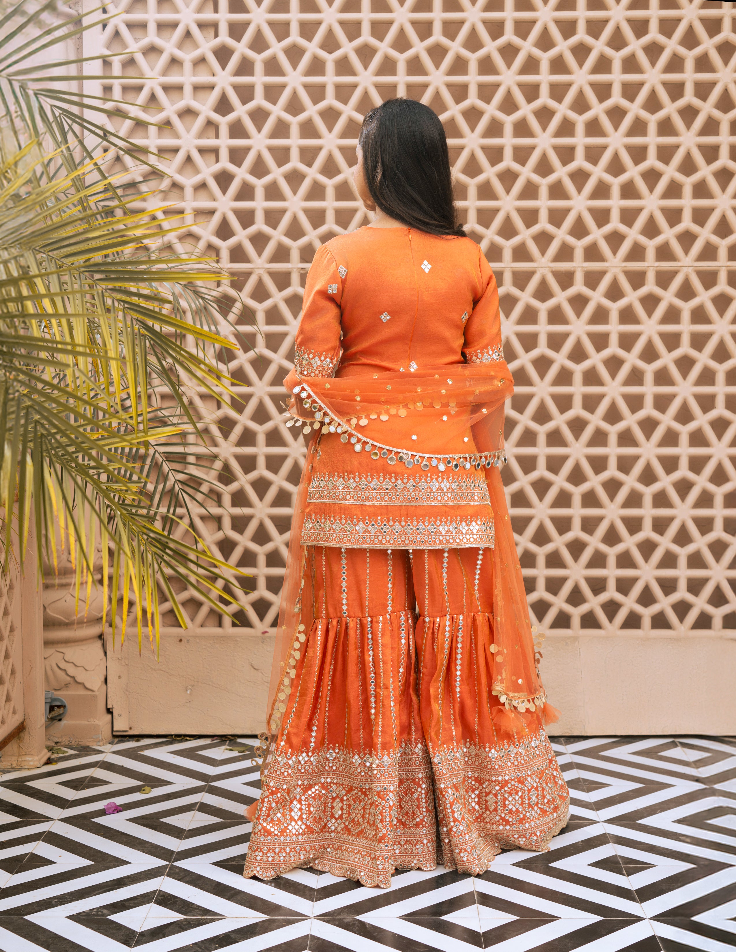 Orange Mirror Embroidered Kurti Sharara Set