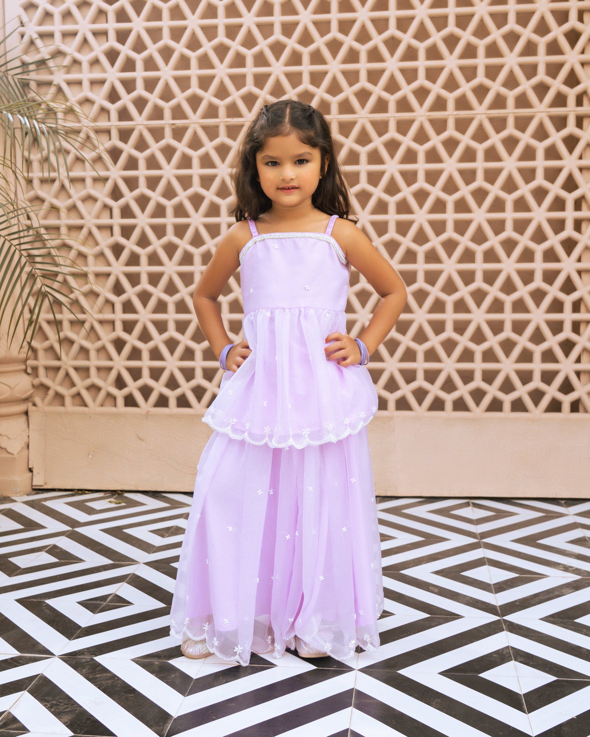Lilac Embroidered Organza Kurti with Skirt