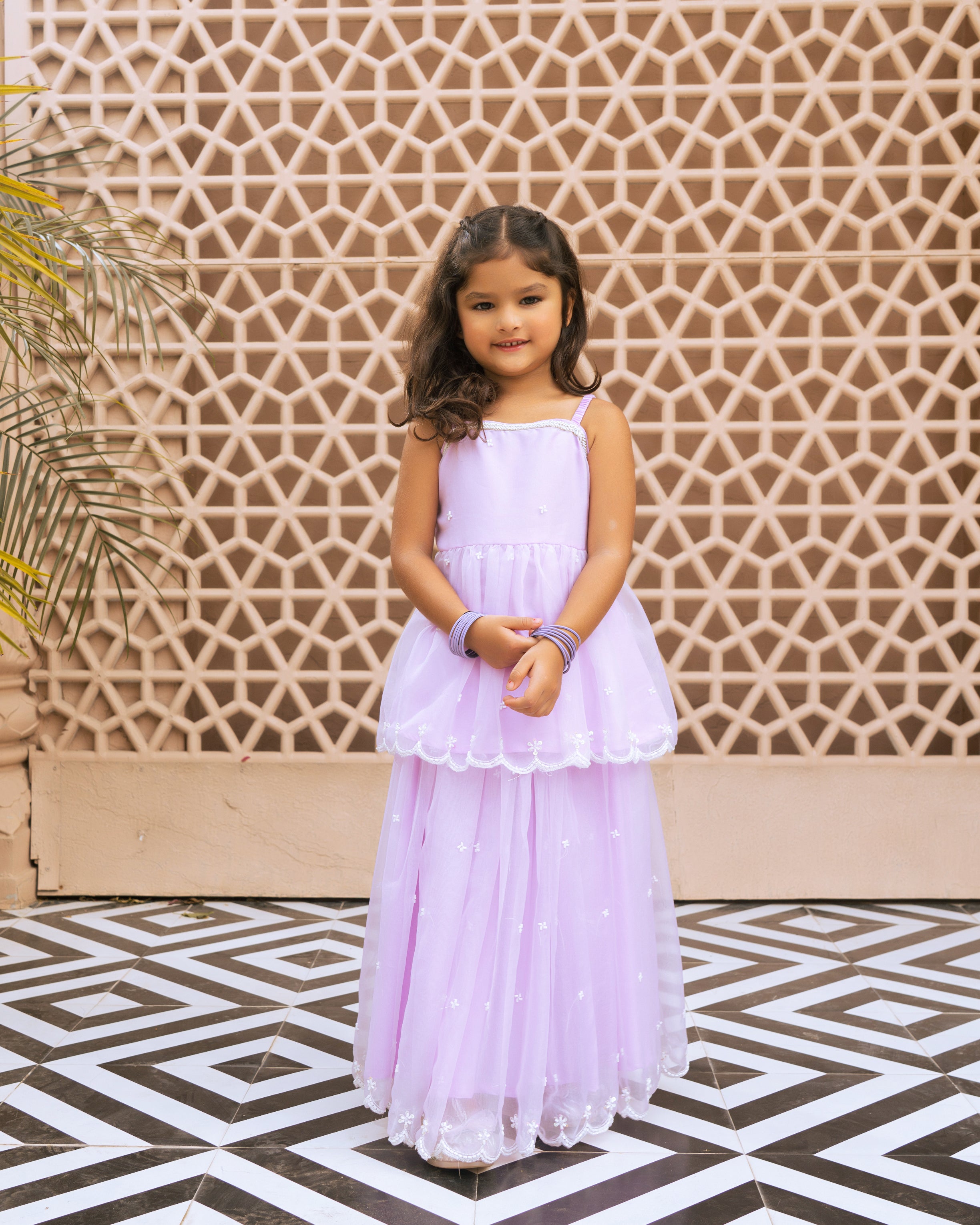 Lilac Embroidered Organza Kurti with Skirt