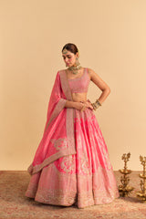 Aashina - Dabka Zardozi Embroidered Pure Tissue Carrot Pink Lehenga Set