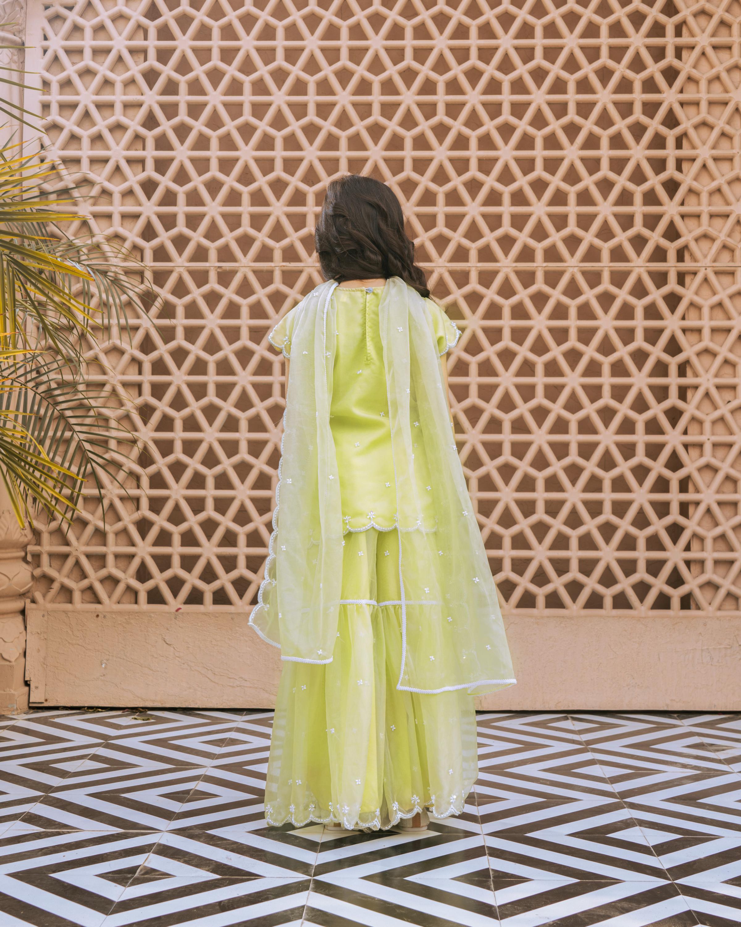 Green Embroidered Organza Kurti Sharara