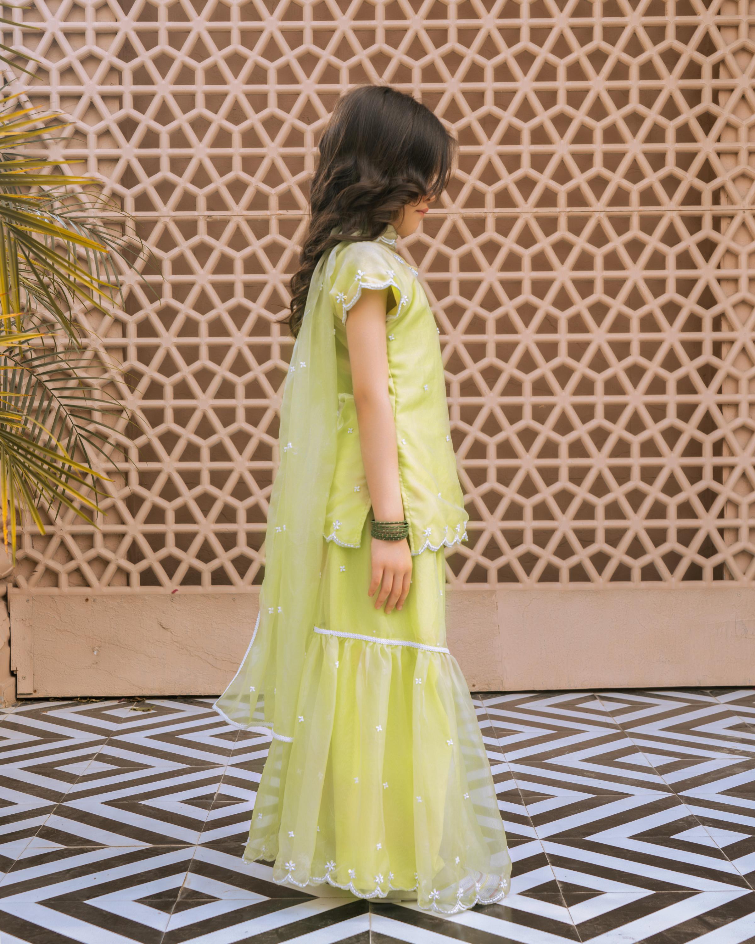 Green Embroidered Organza Kurti Sharara