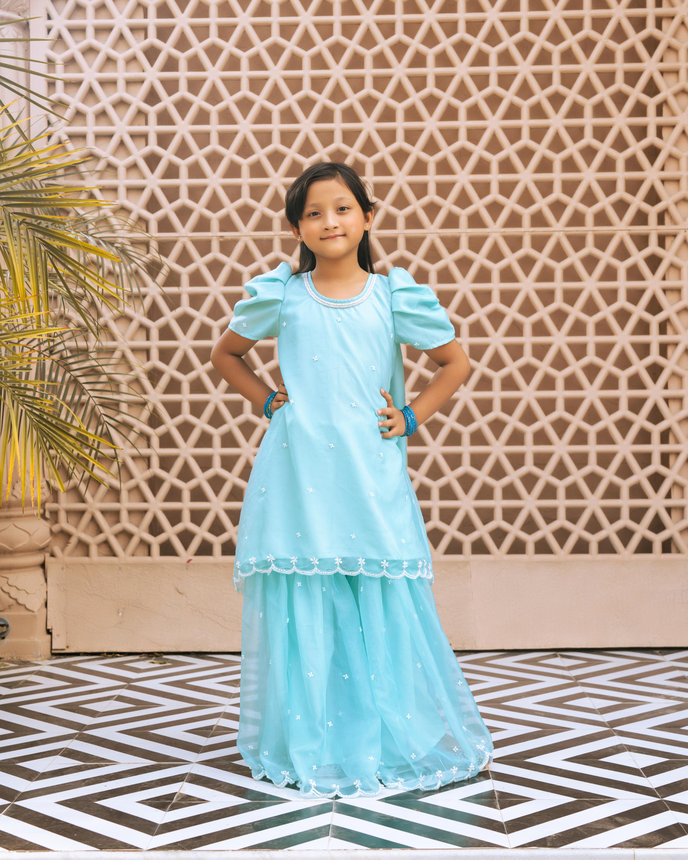 Aqua Embroidered Organza Kurti Sharara