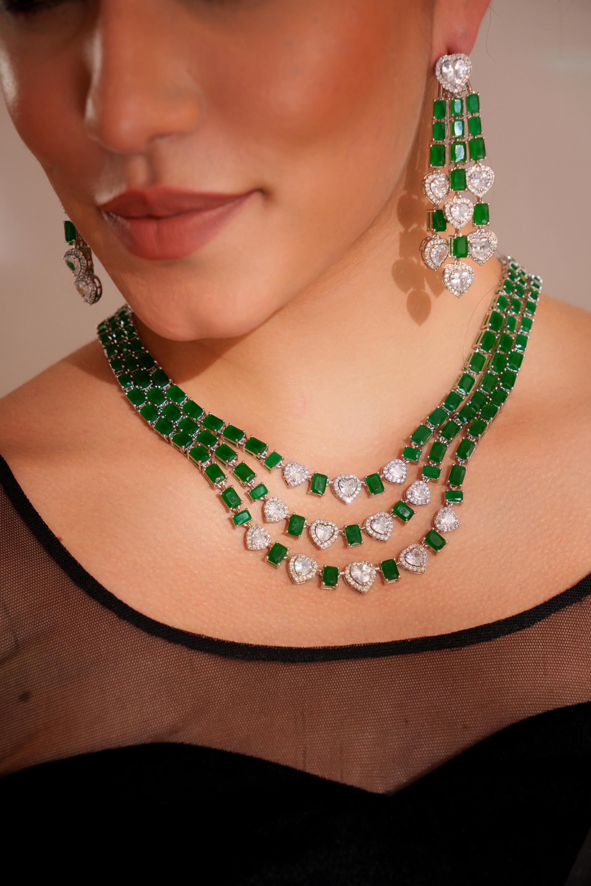 Elegant and classy emerald 3-line diamond necklace set