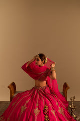 Naazila - Dabka Zardozi Embroidered Raw Silk Hotpink Lehenga Set