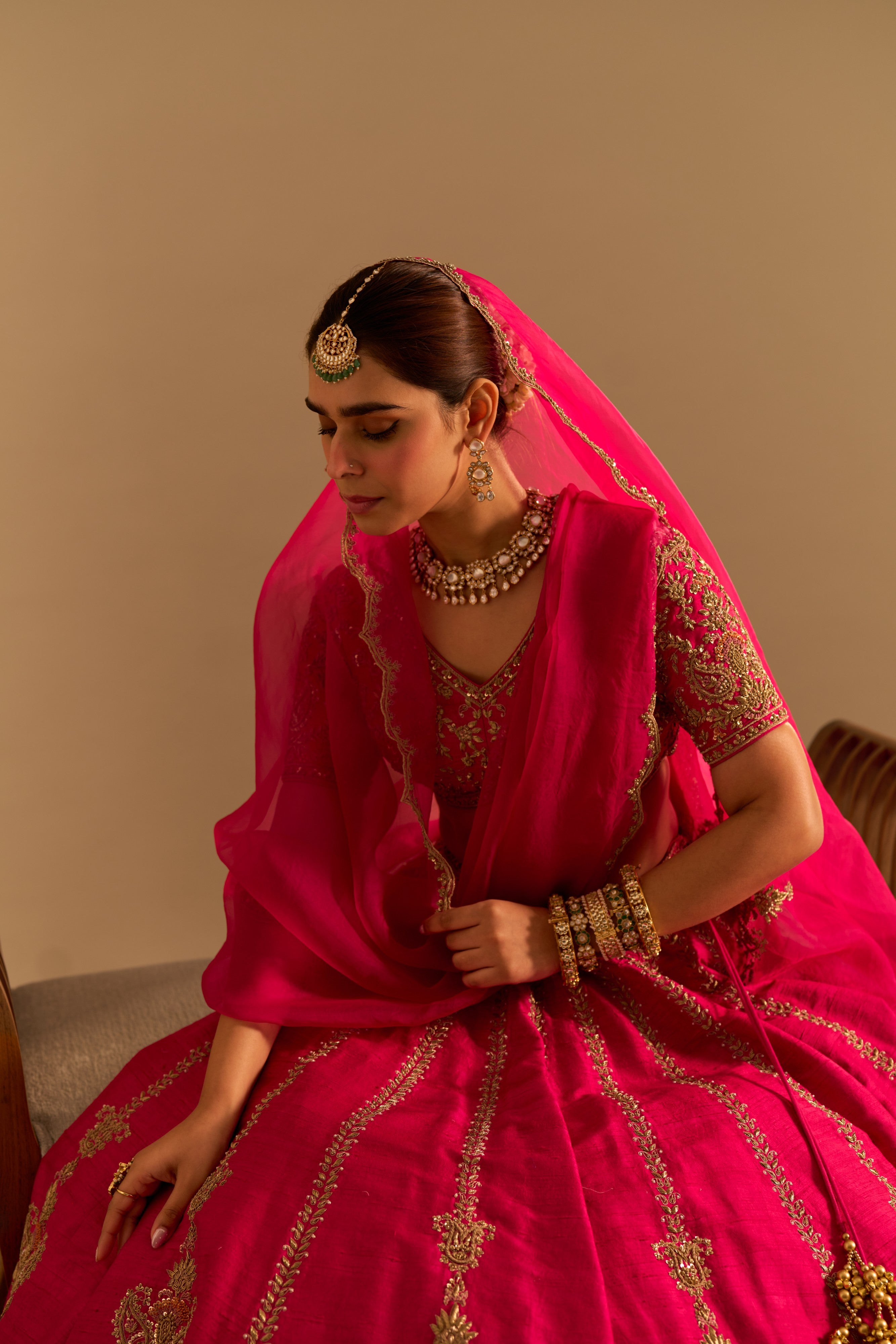 Naazila - Dabka Zardozi Embroidered Raw Silk Hotpink Lehenga Set