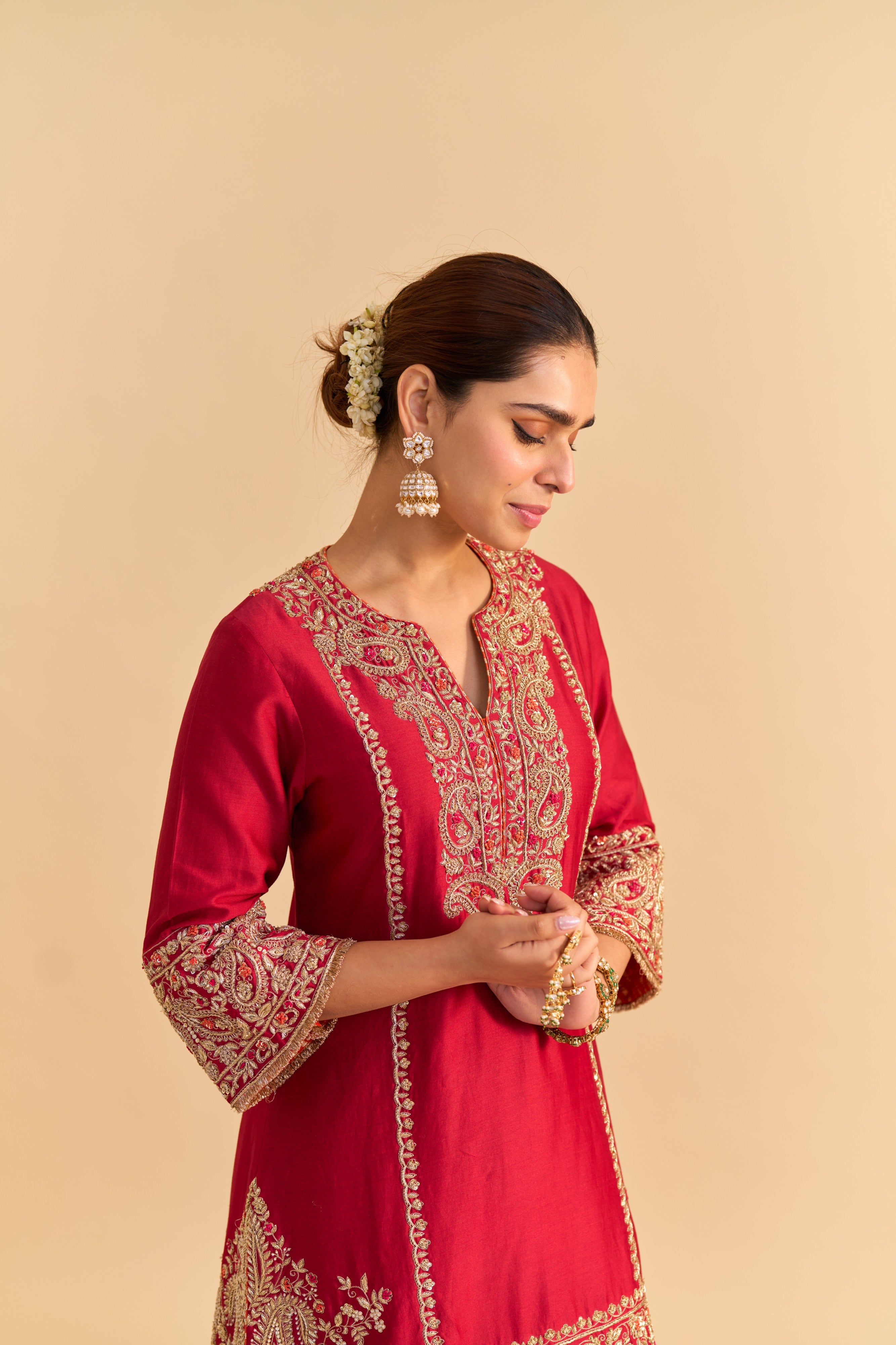 Dua Deep red Dabka Zardozi Embroidered Short kurta Set