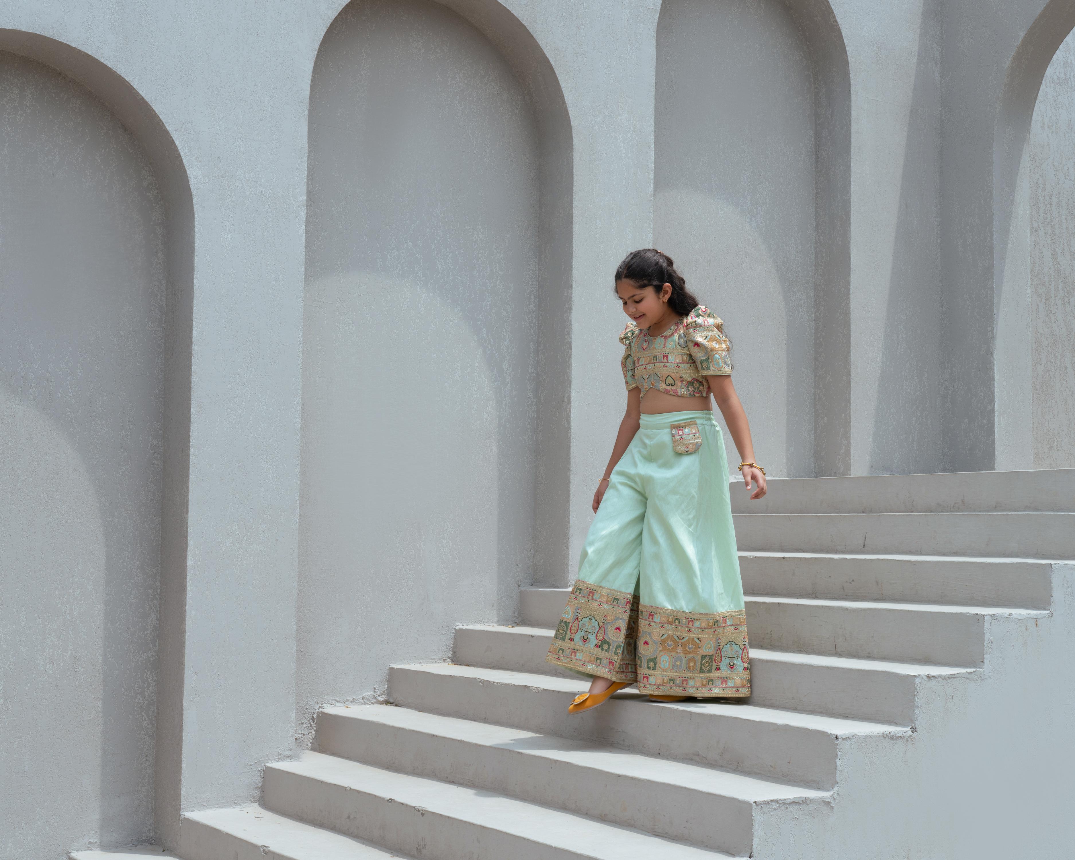 Pista Green Embroidered Crop Top with Palazzo