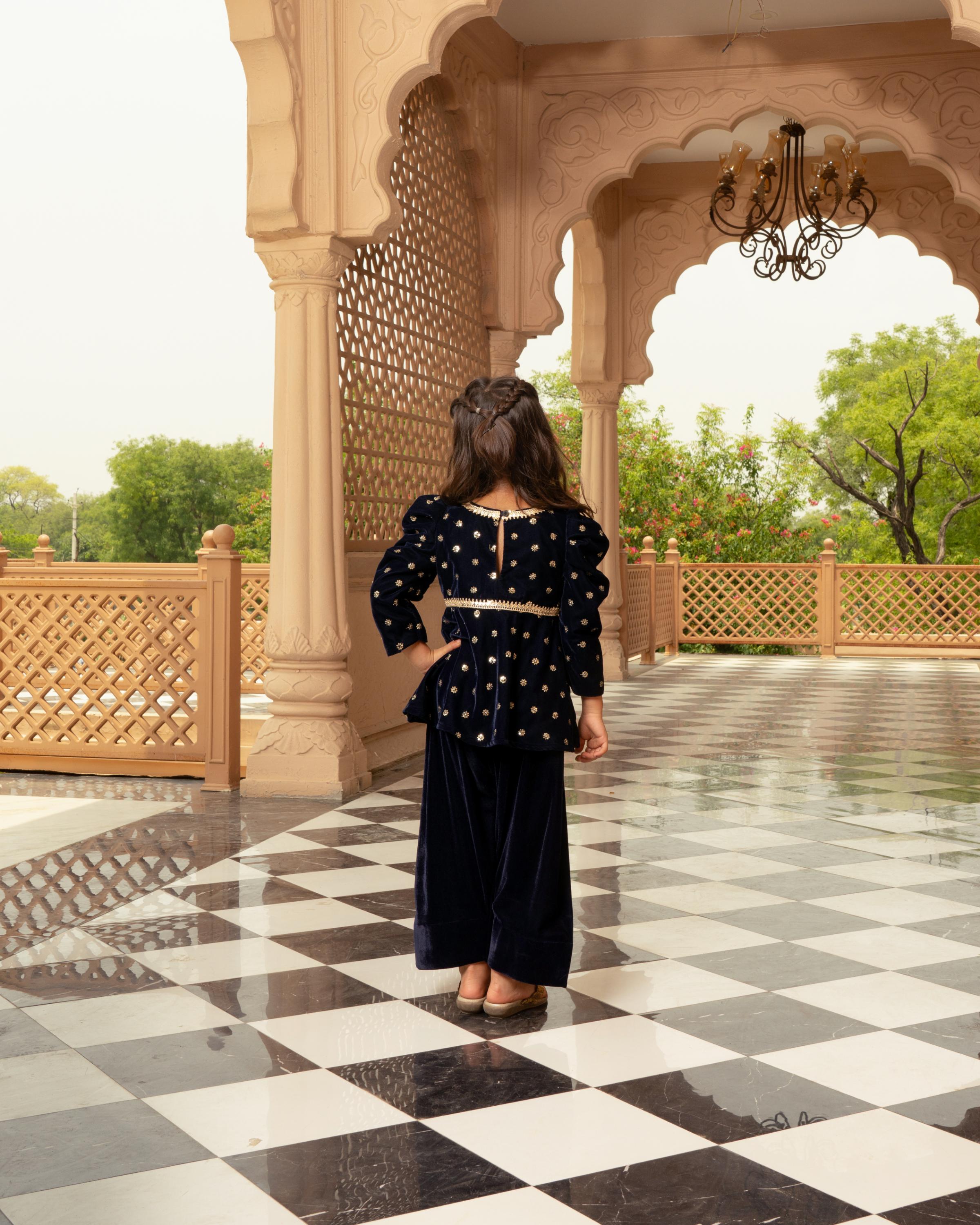 Blue Boti Velvet Kurti Salwar Set