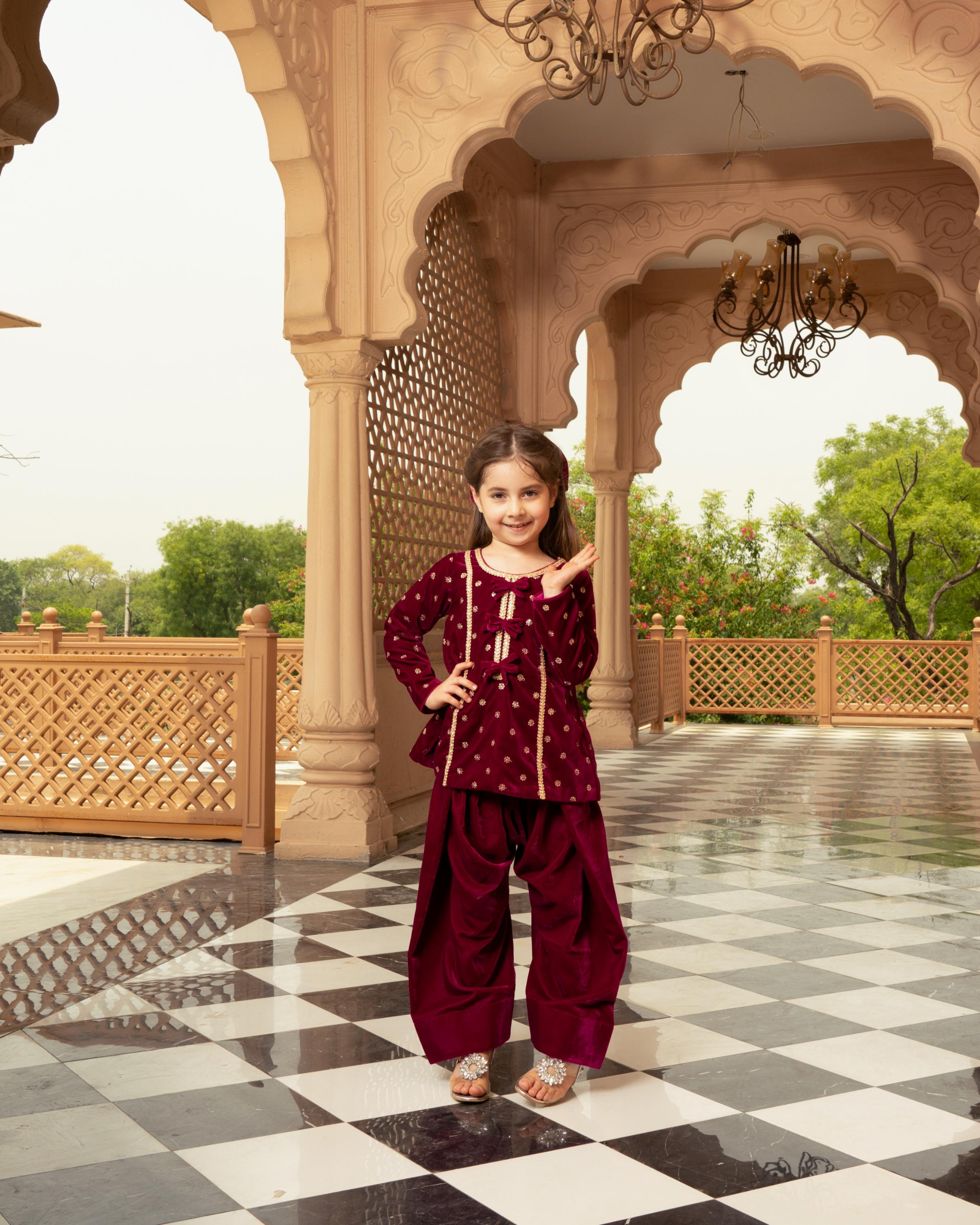 Pink Boti Velvet Kurti Salwar Set