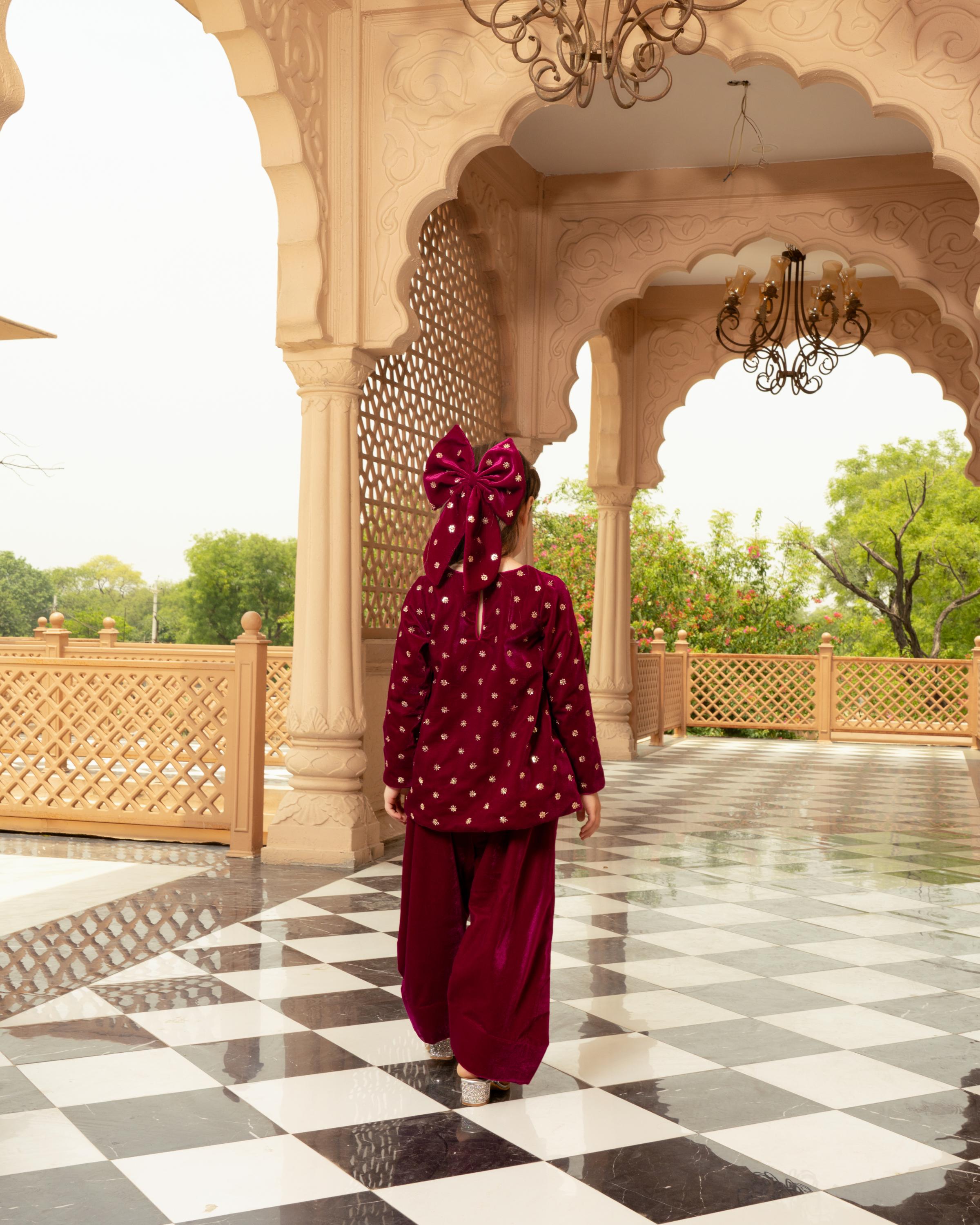 Pink Boti Velvet Kurti Salwar Set