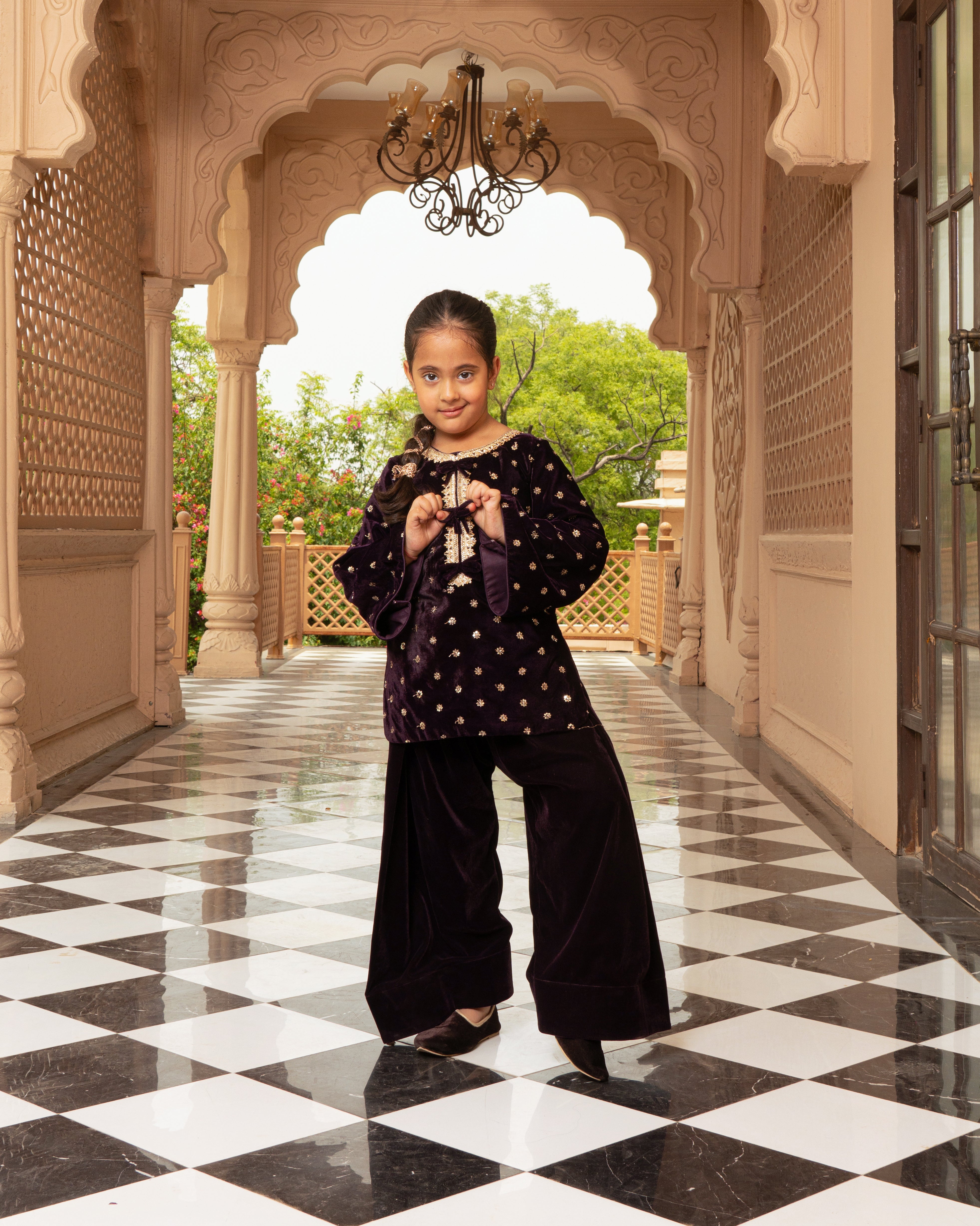 Burgundy Boti Velvet Kurti Salwar Set