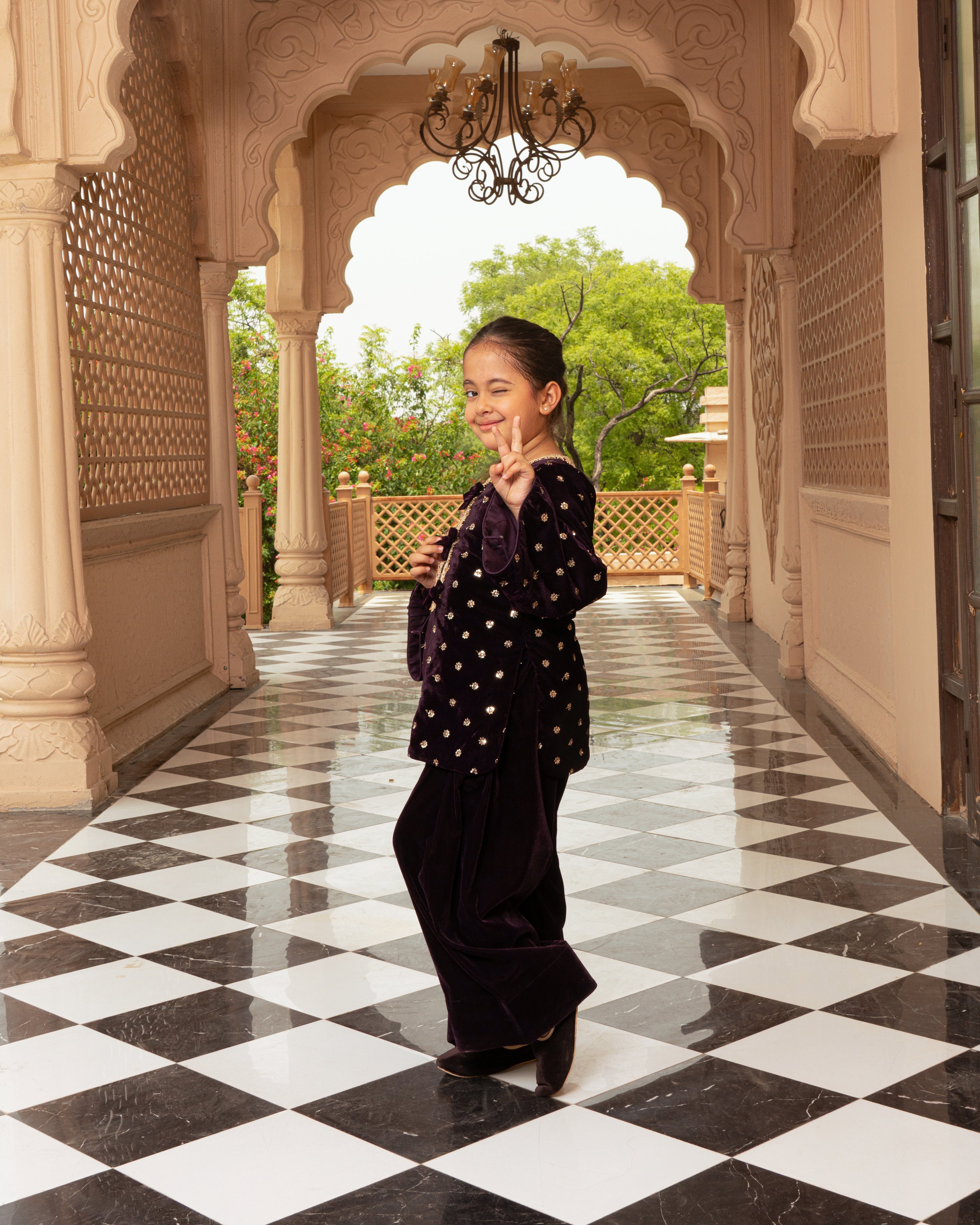 Burgundy Boti Velvet Kurti Salwar Set