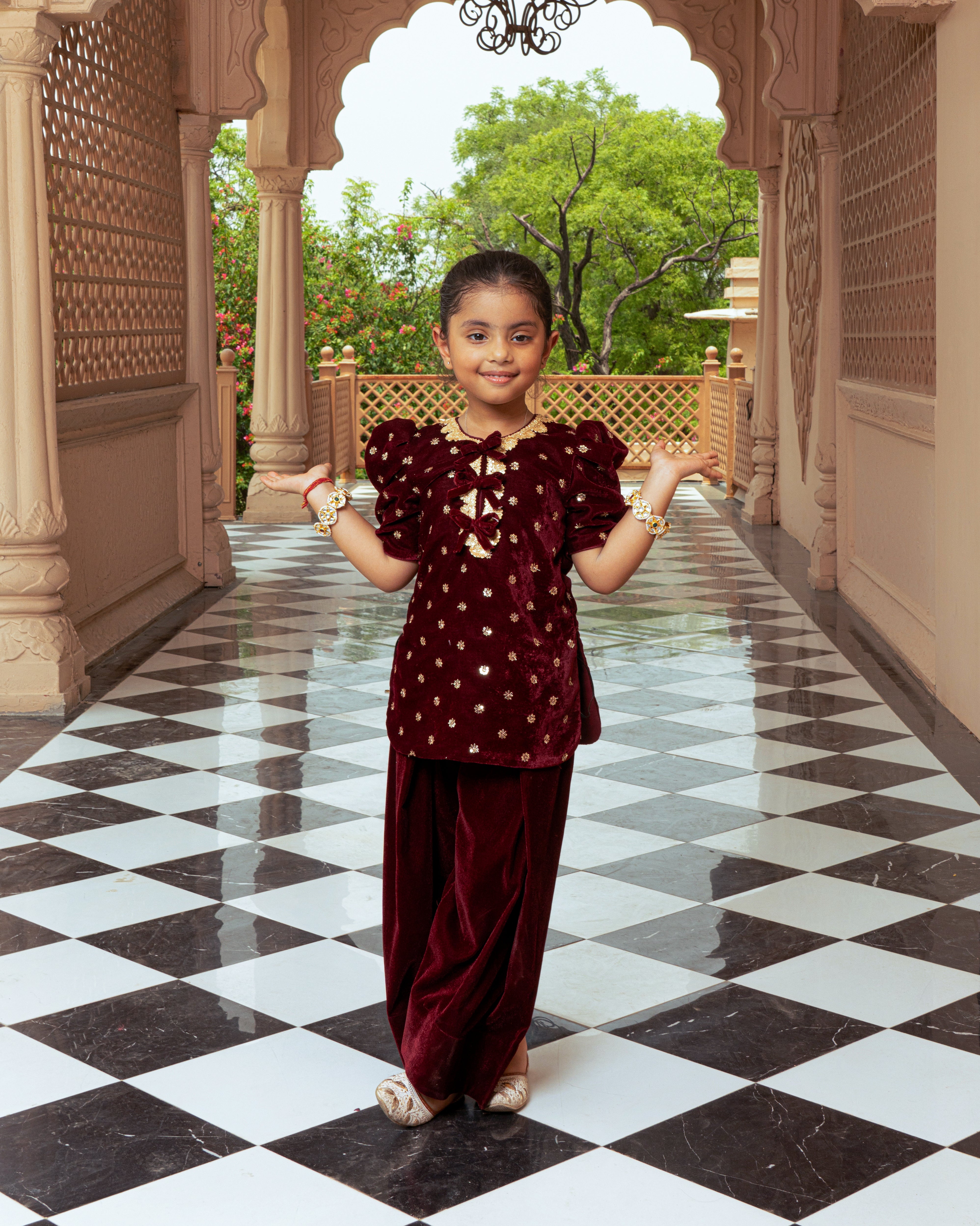 Maroon Boti Velvet Kurti with Salwar