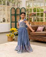 Blue Demin Embroidered Crop Top with Skirt