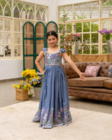 Blue Demin Embroidered Crop Top with Skirt