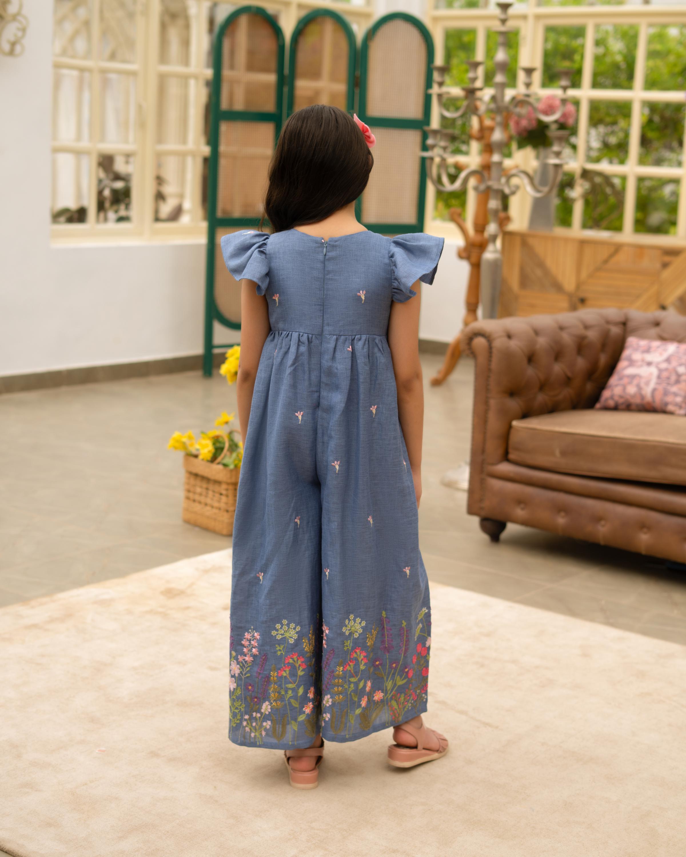 Blue Embroidered Denim Jumpsuit