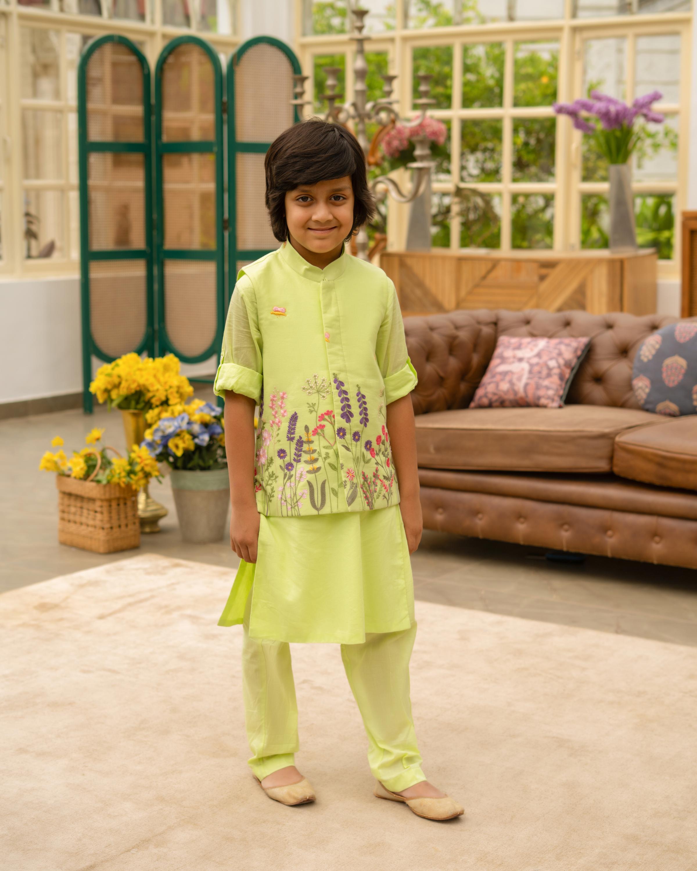 Green Embroidered Jacket Kurta Set