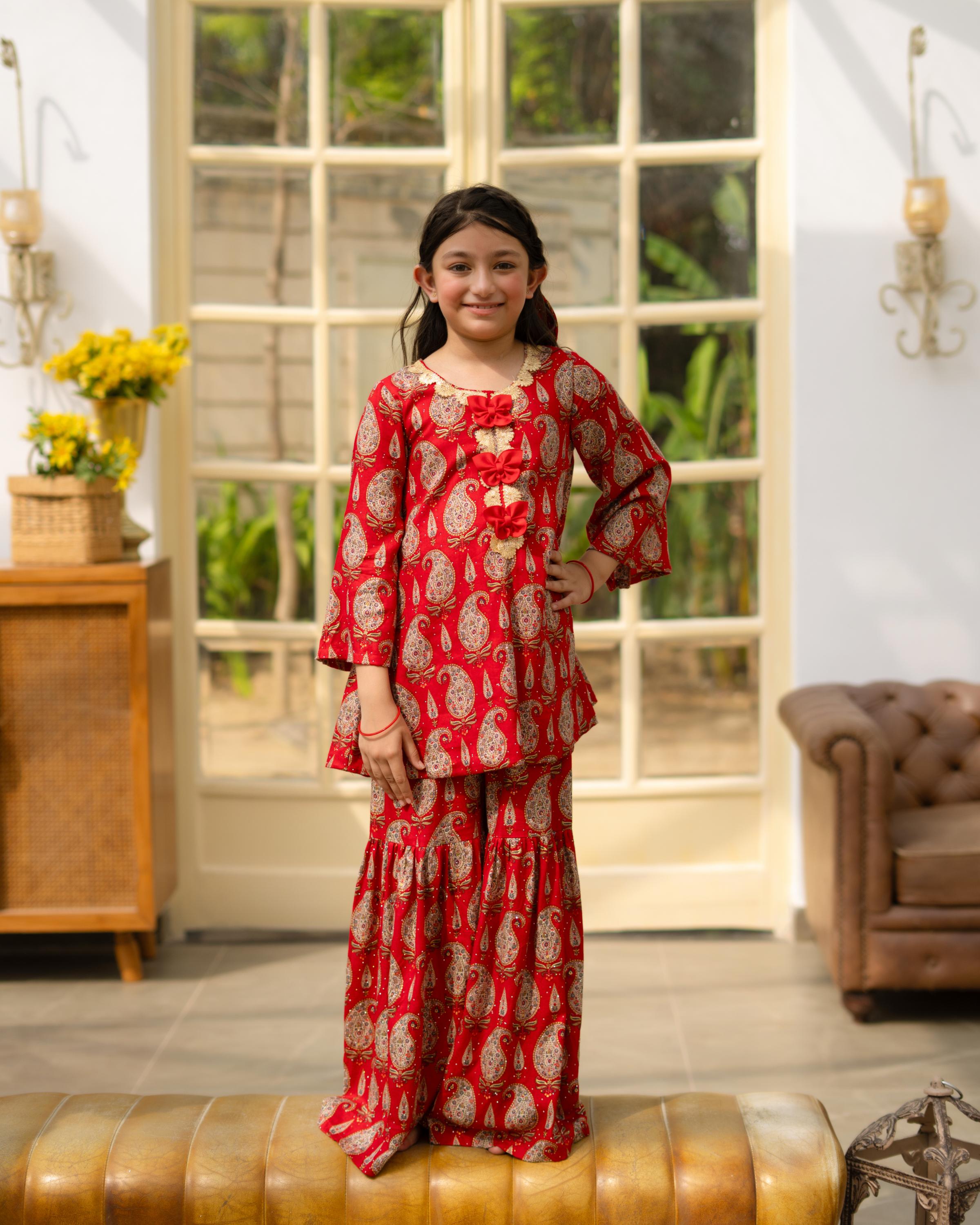 Red Printed Kurti Sharara Set